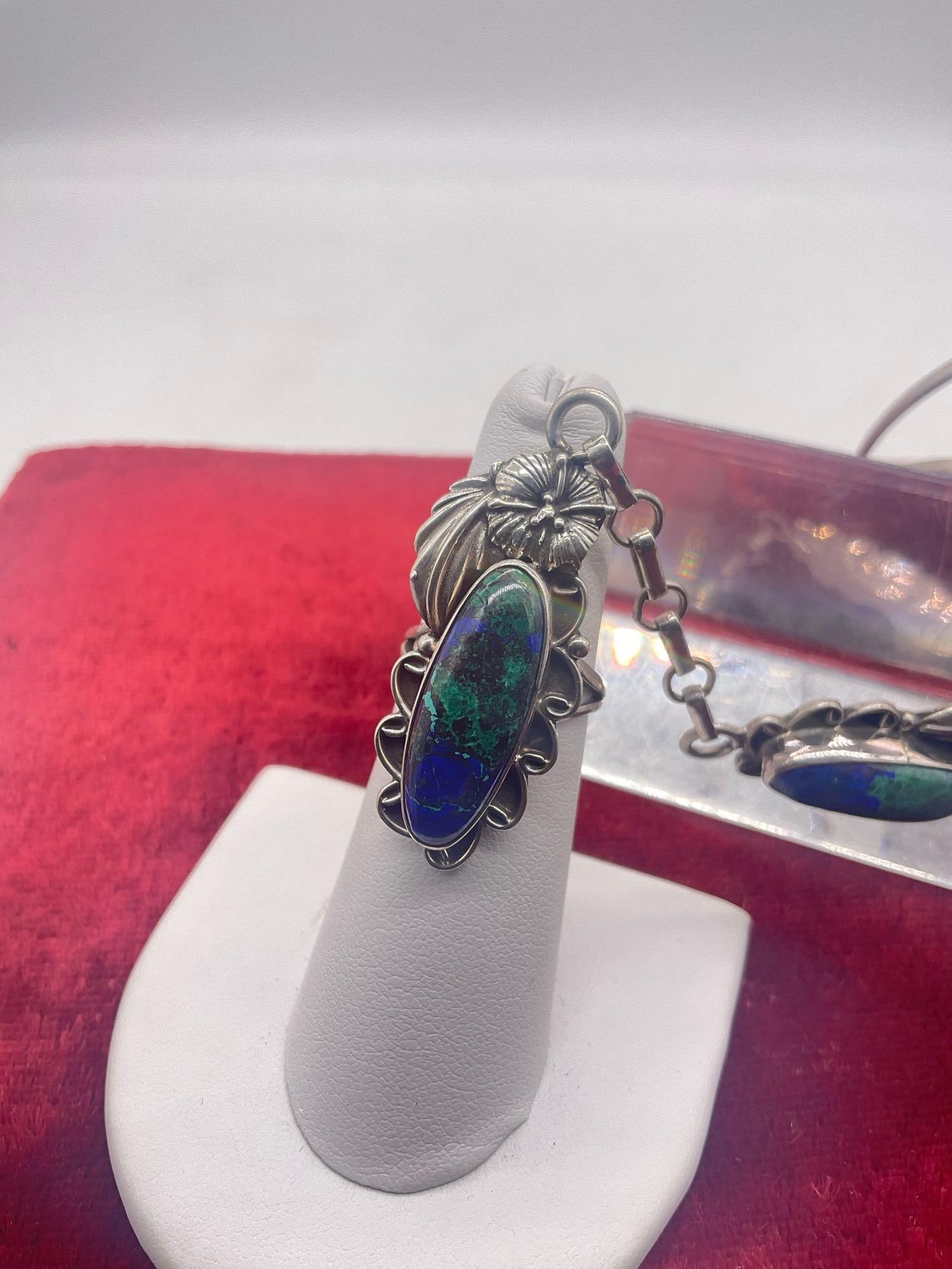 Vintage sterling silver Native American design azurite slave bracelet / ring w/ orig $227 price tag - 2