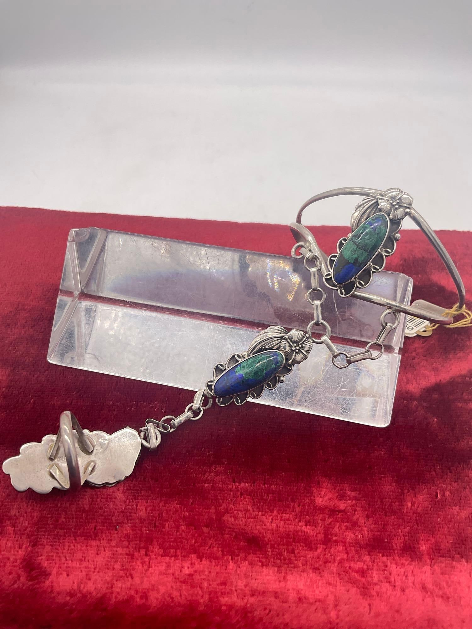 Vintage sterling silver Native American design azurite slave bracelet / ring w/ orig $227 price tag - 3