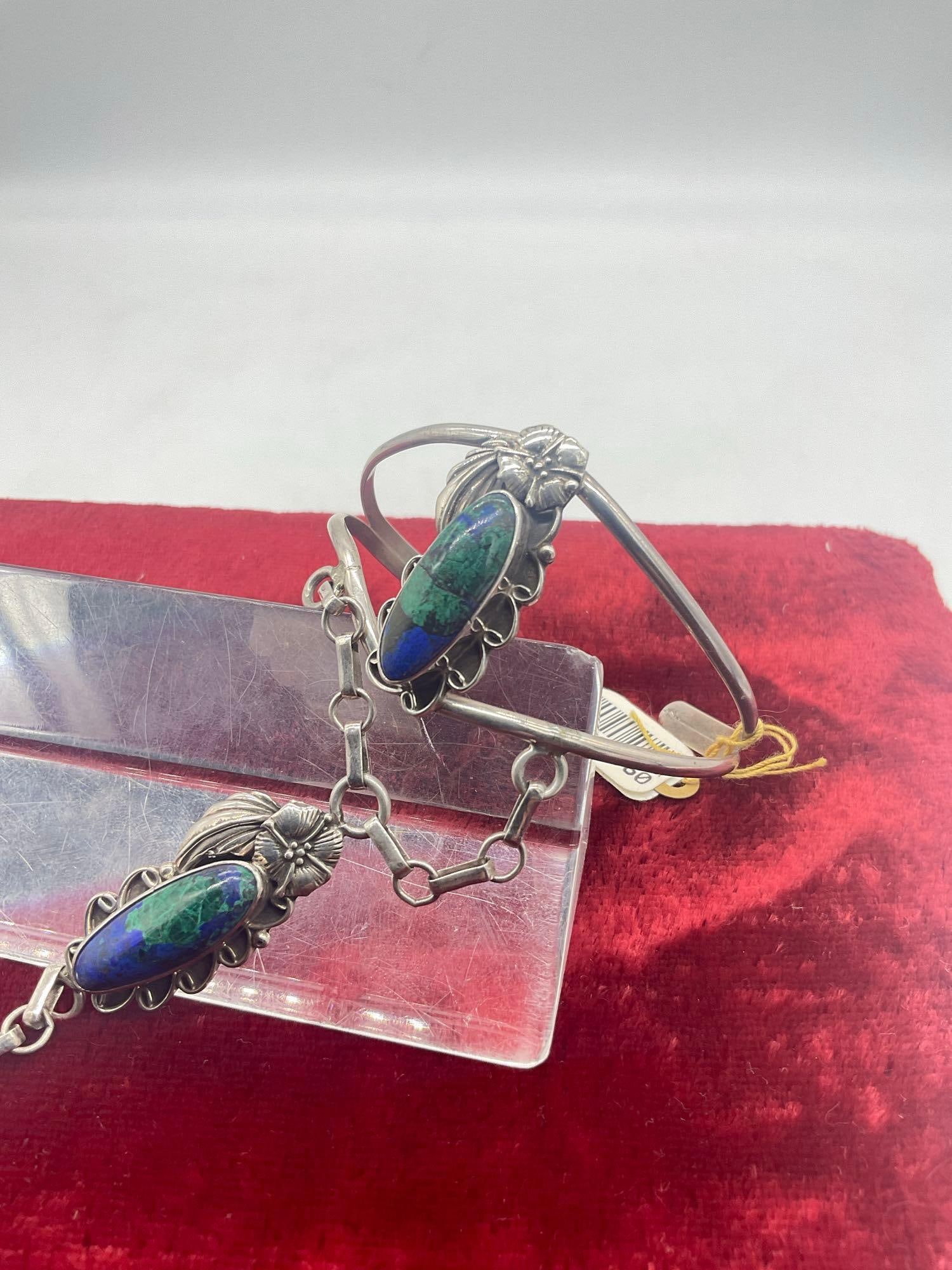 Vintage sterling silver Native American design azurite slave bracelet / ring w/ orig $227 price tag - 4