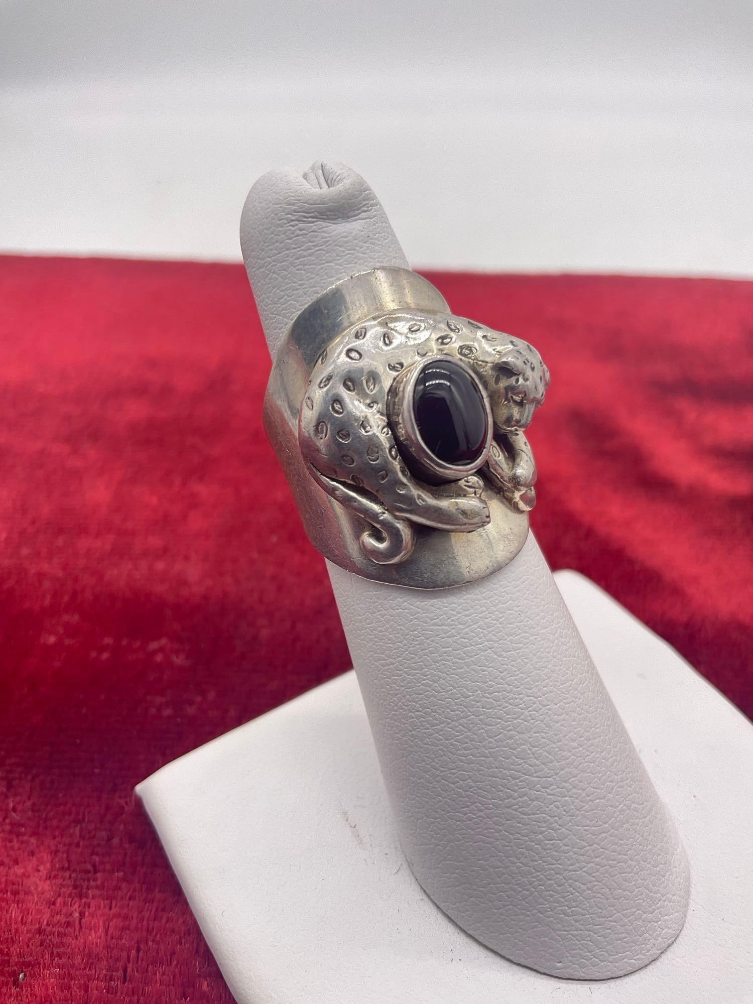 Vintage Carol Felley sterling silver leopard ring with onyx stone setting size 6 - 2