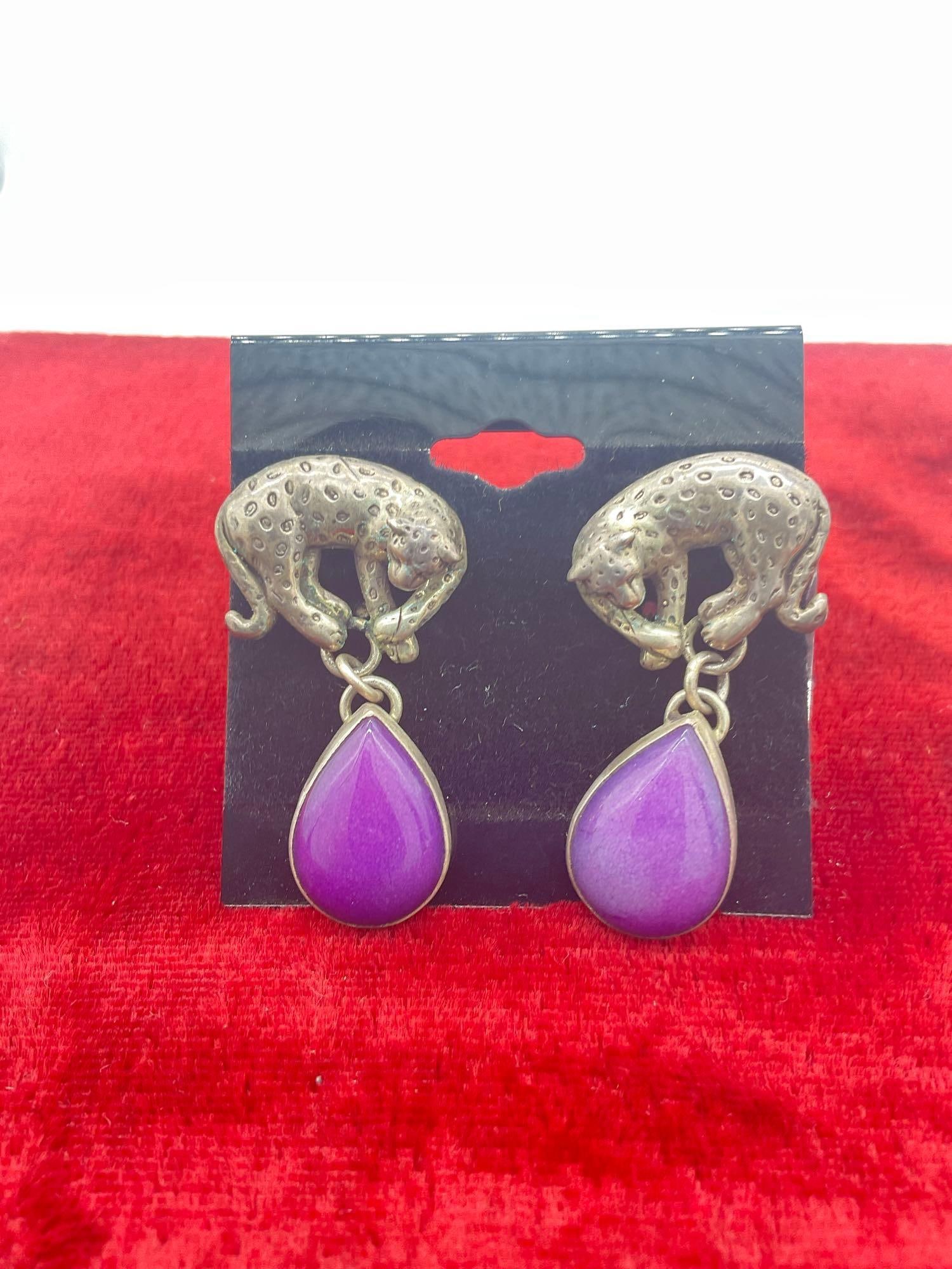 Vintage Carol Felley sterling silver Leopard design earrings with purple semi precious stone drops (1 of 3)