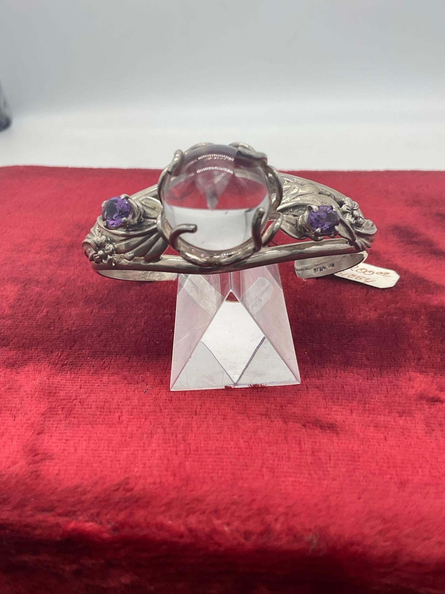 Fantastic sterling silver mystical crystal ball, flowers and purple stone setting bracelet - orig - 2