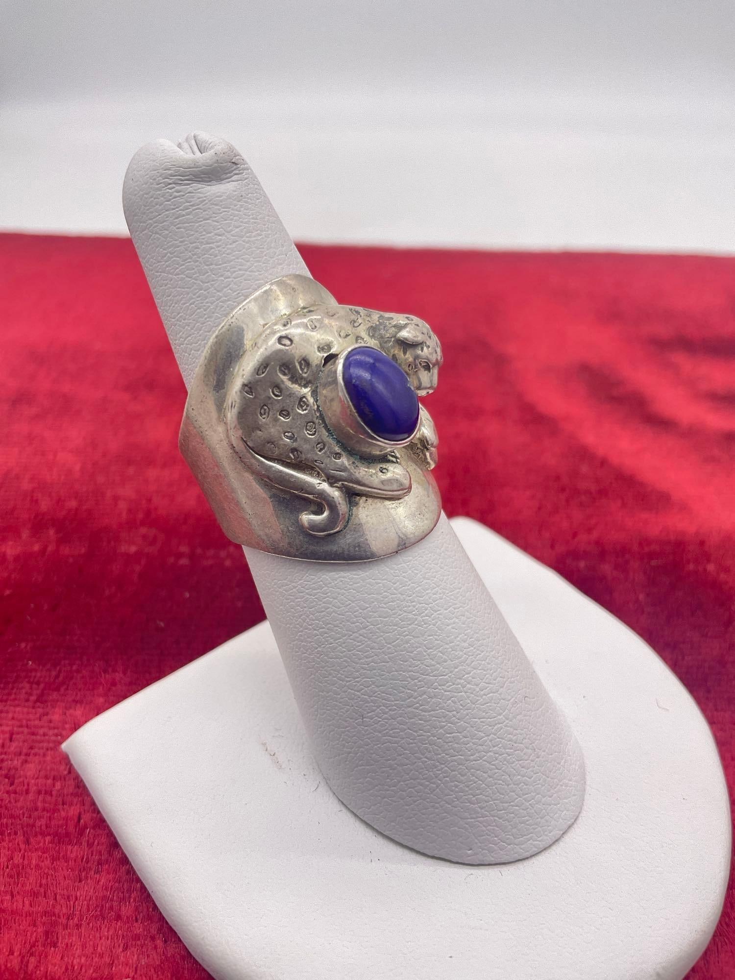 Vintage 1989 Carol Felley sterling silver leopard ring with blue lapis setting size 7 - 2