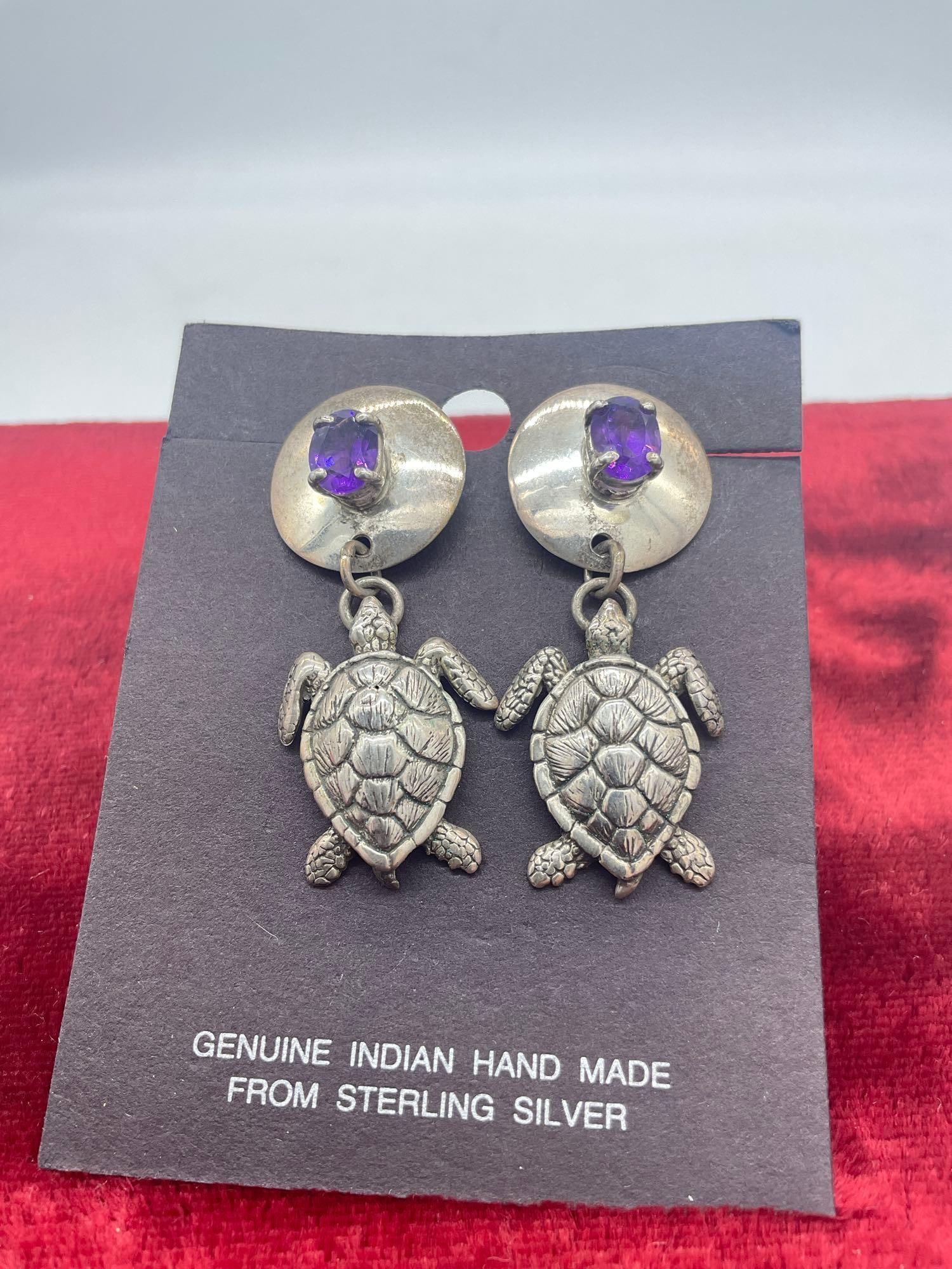 Carol Felley vintage sterling silver turtle motif drop earrings with purple amethyst tone setting: Carol Felley vintage sterling silver turtle motif drop earrings with purple amethyst tone setting