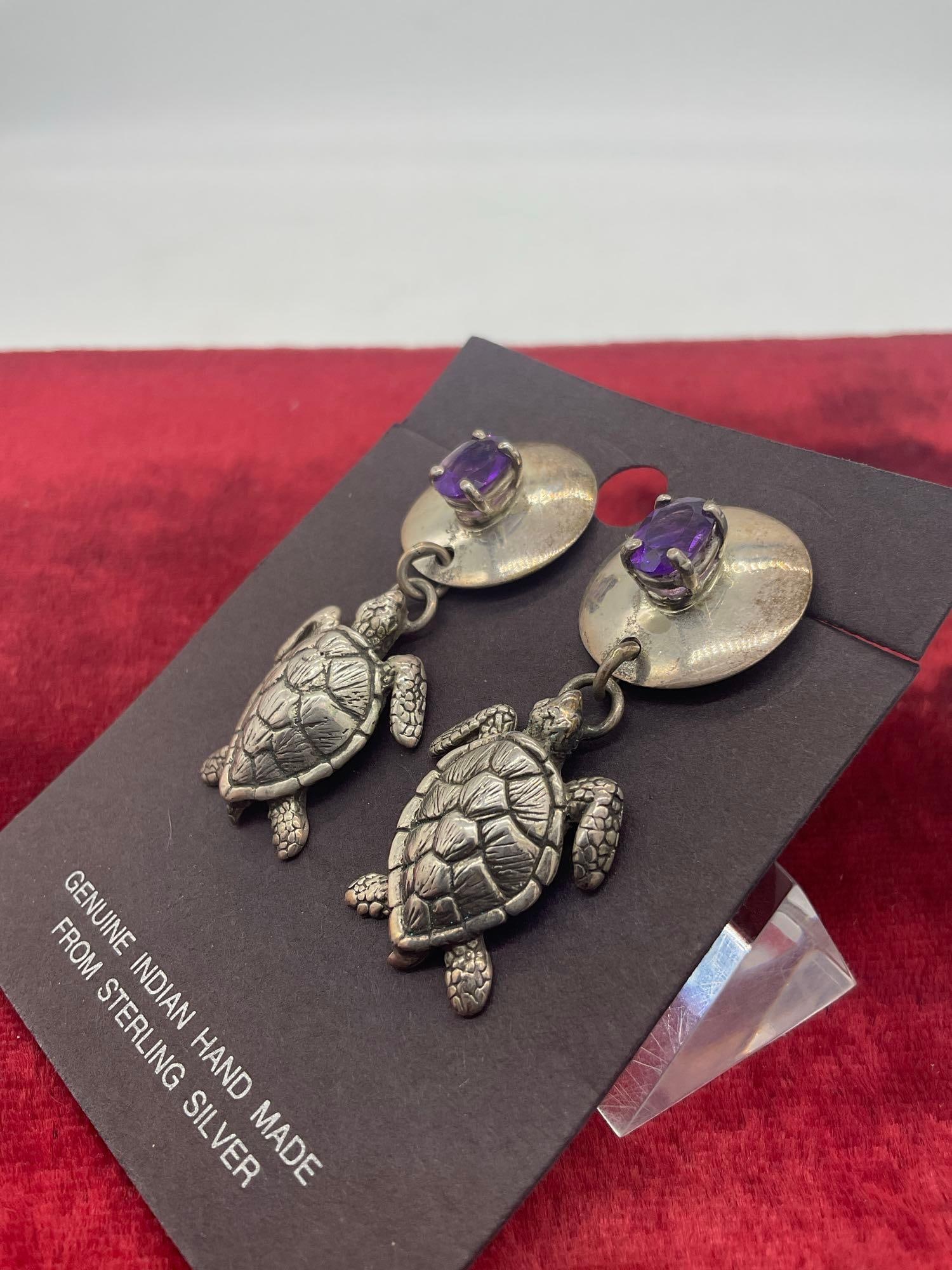 Carol Felley vintage sterling silver turtle motif drop earrings with purple amethyst tone setting - 2
