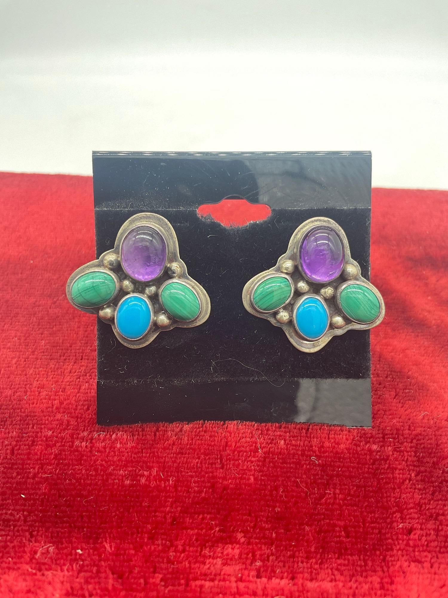 Lovely Nakai sterling silver turquoise and malachite modernist Native American earrings (1 of 3)