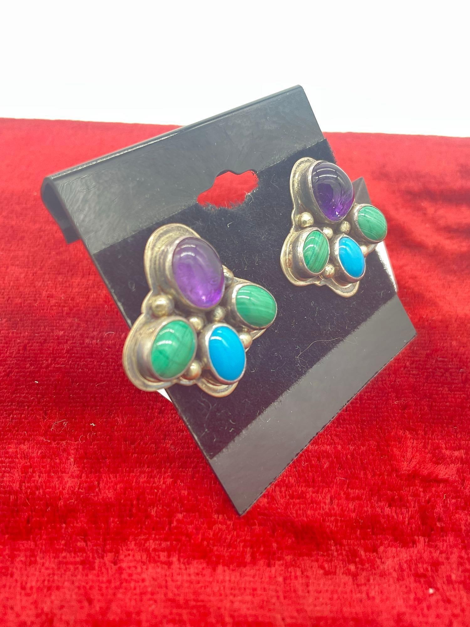 Lovely Nakai sterling silver turquoise and malachite modernist Native American earrings - 2