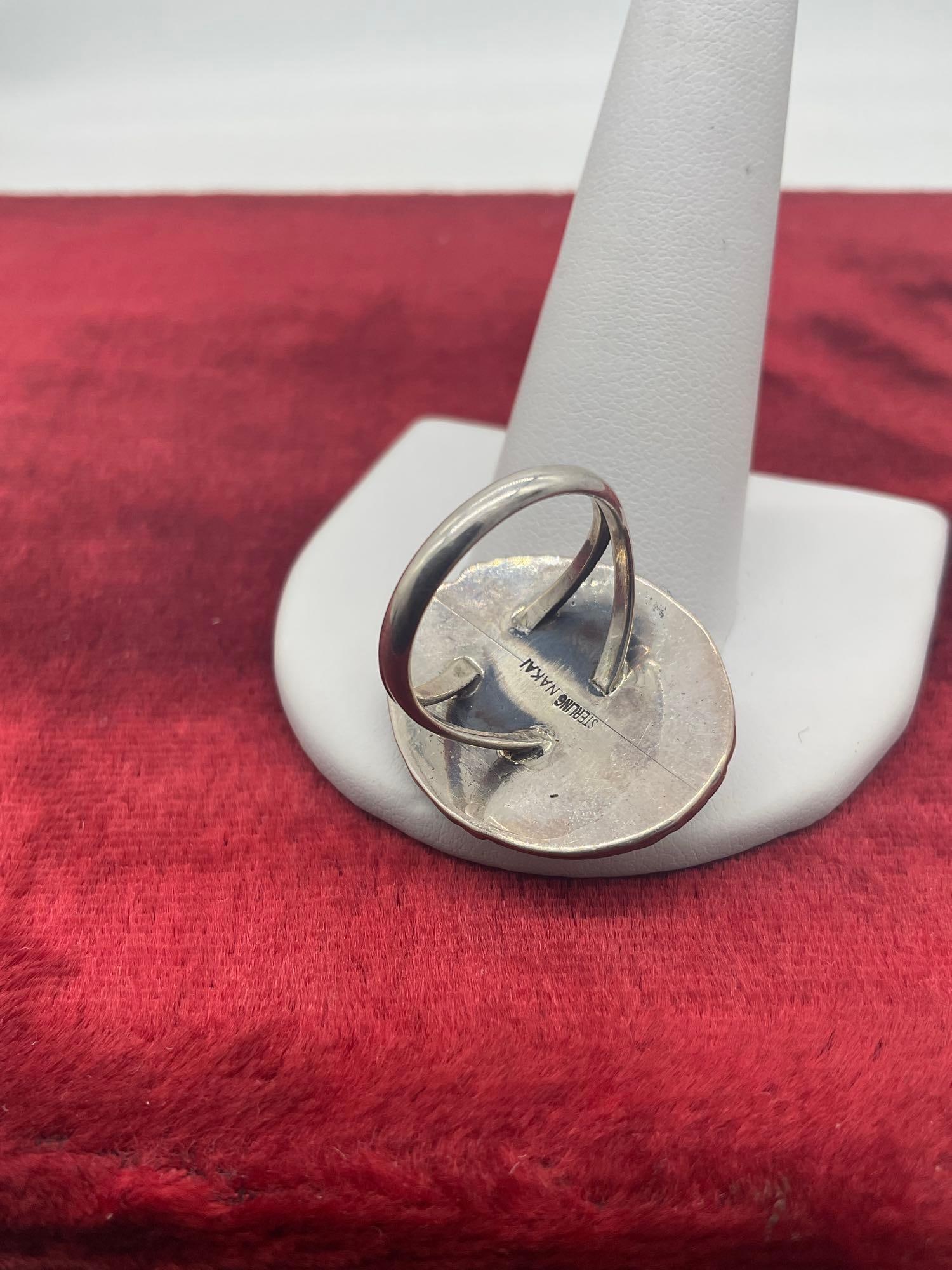 Vintage Nakai sterling silver dyed green shell w/ braid and ball setting Native American ring siz... - 3