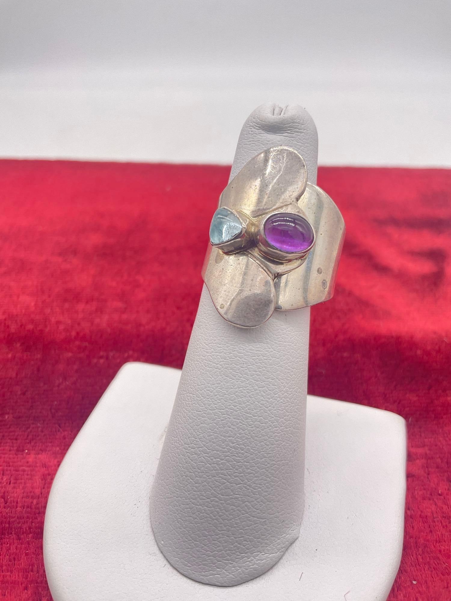 Pretty modernist sterling silver 1991 Carol Felley topaz and purple gem setting ring size 6 1/2 (1 of 3)