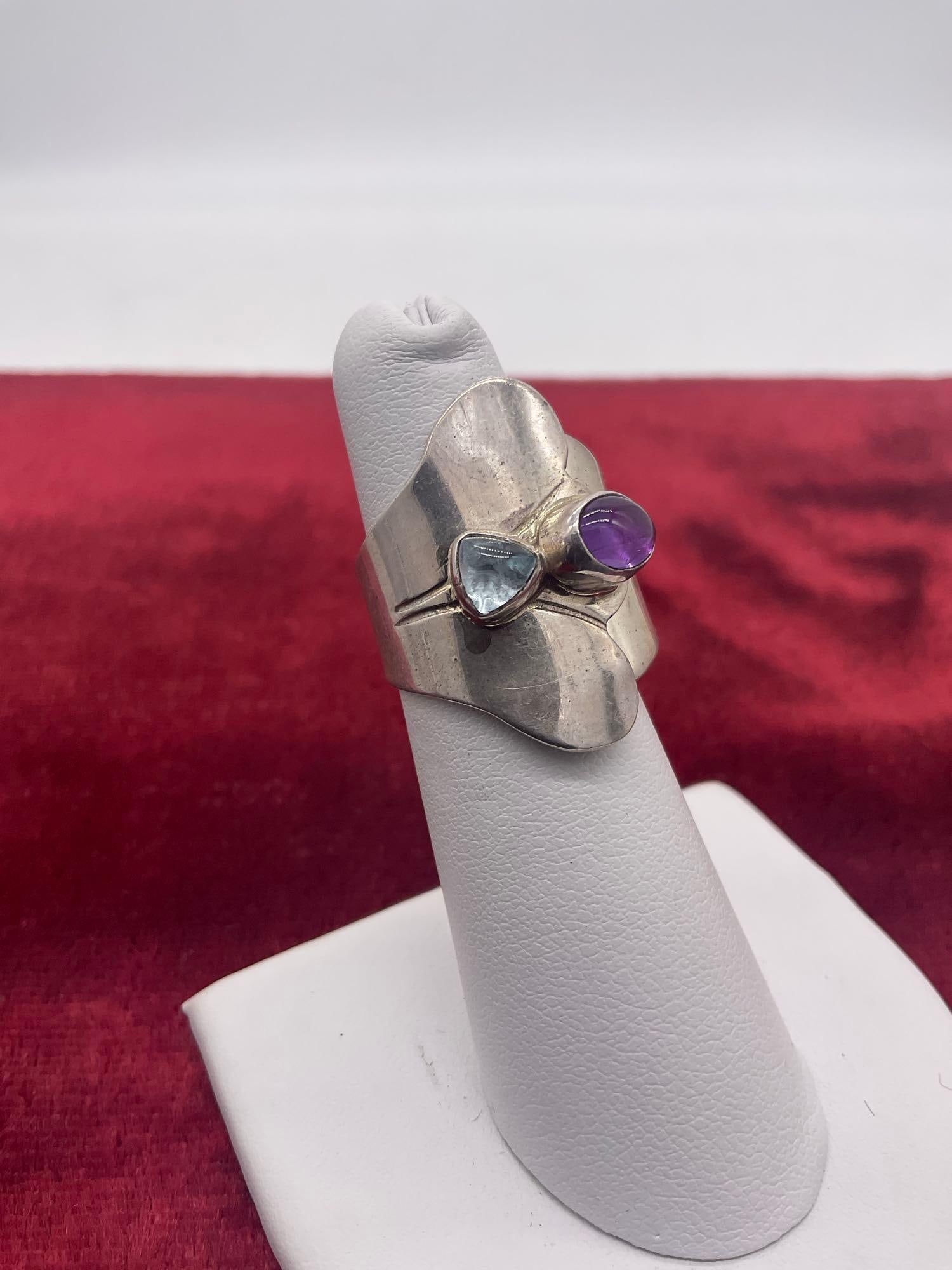 Pretty modernist sterling silver 1991 Carol Felley topaz and purple gem setting ring size 6 1/2 - 2