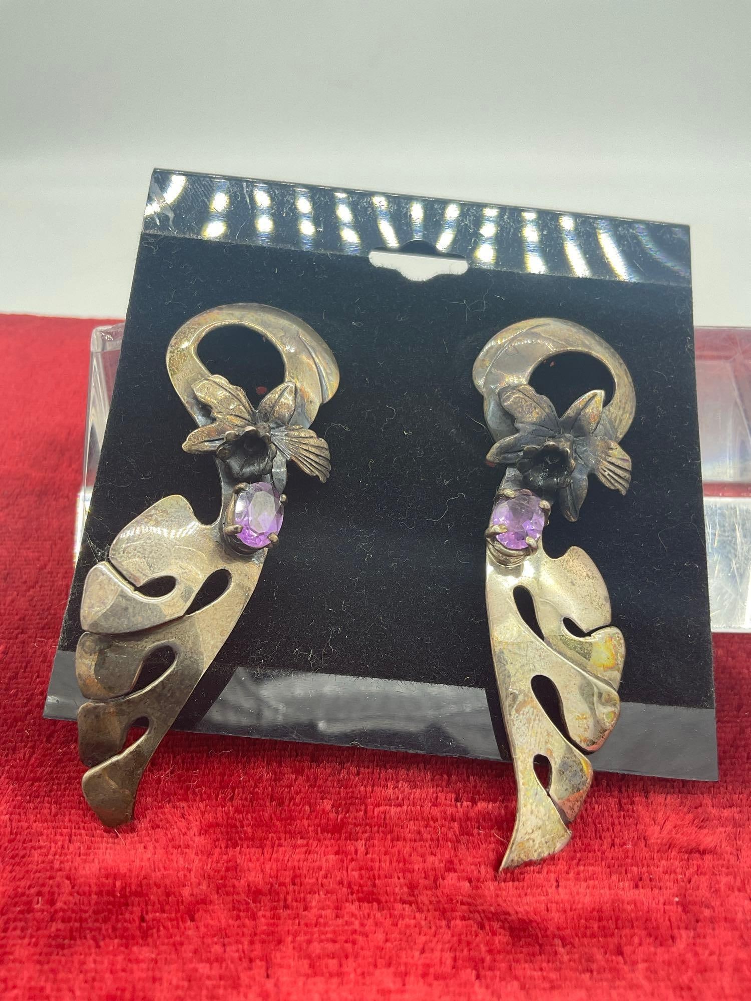 Vintage Carol Felley sterling silver purple stone and floral motif long leaf shaped earrings: Vintage Carol Felley sterling silver purple stone and floral motif long leaf shaped earrings