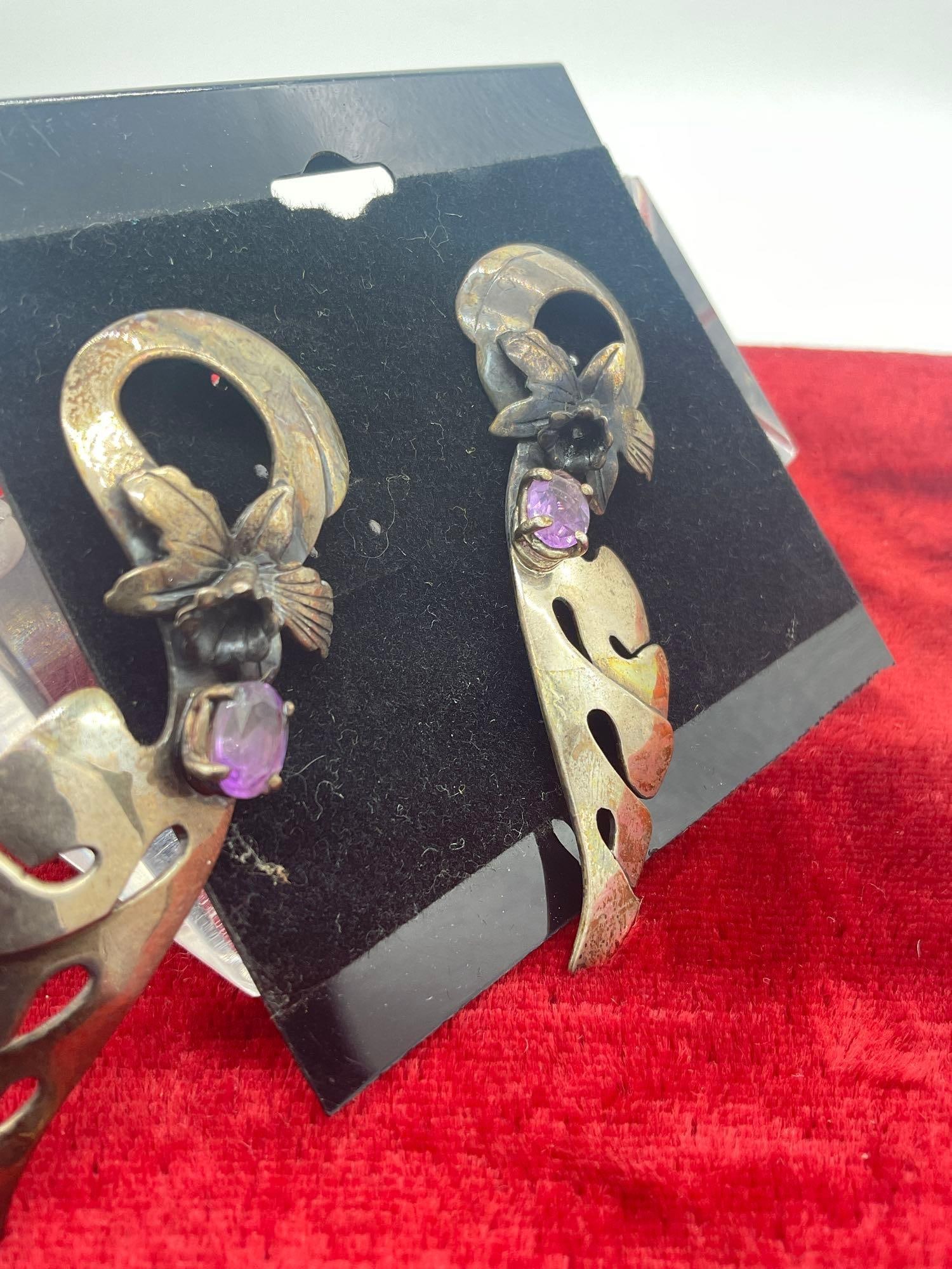 Vintage Carol Felley sterling silver purple stone and floral motif long leaf shaped earrings - 2