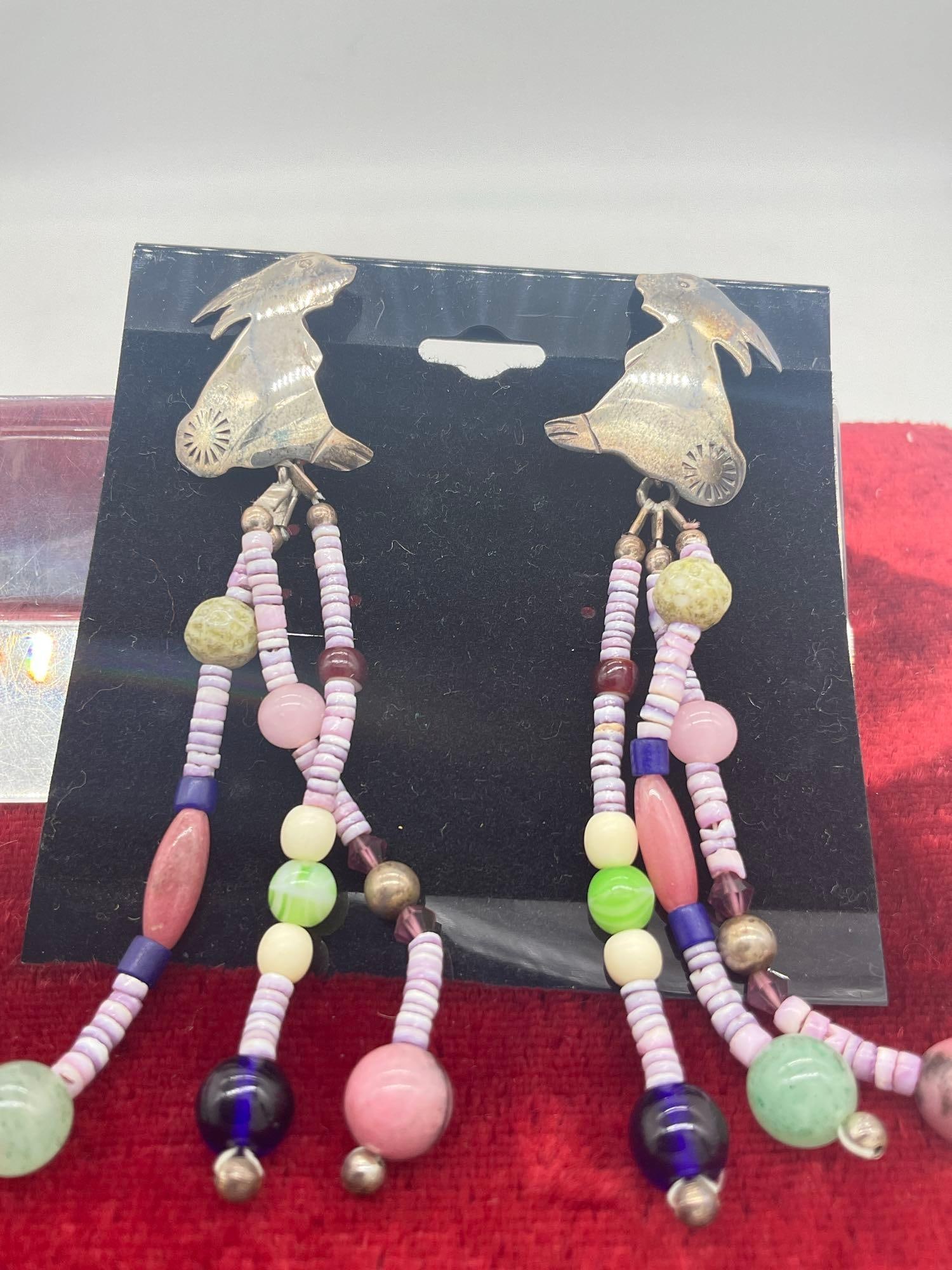 Vintage sterling silver Bunny rabbit drop earrings with semi precious stone and shell (1 of 3)