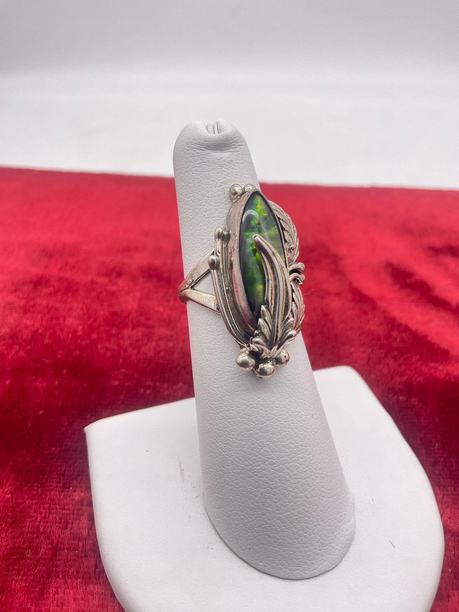 Vintage sterling silver Nakai Native American floral motif ring w/ green shell or stone setting s... (1 of 3)
