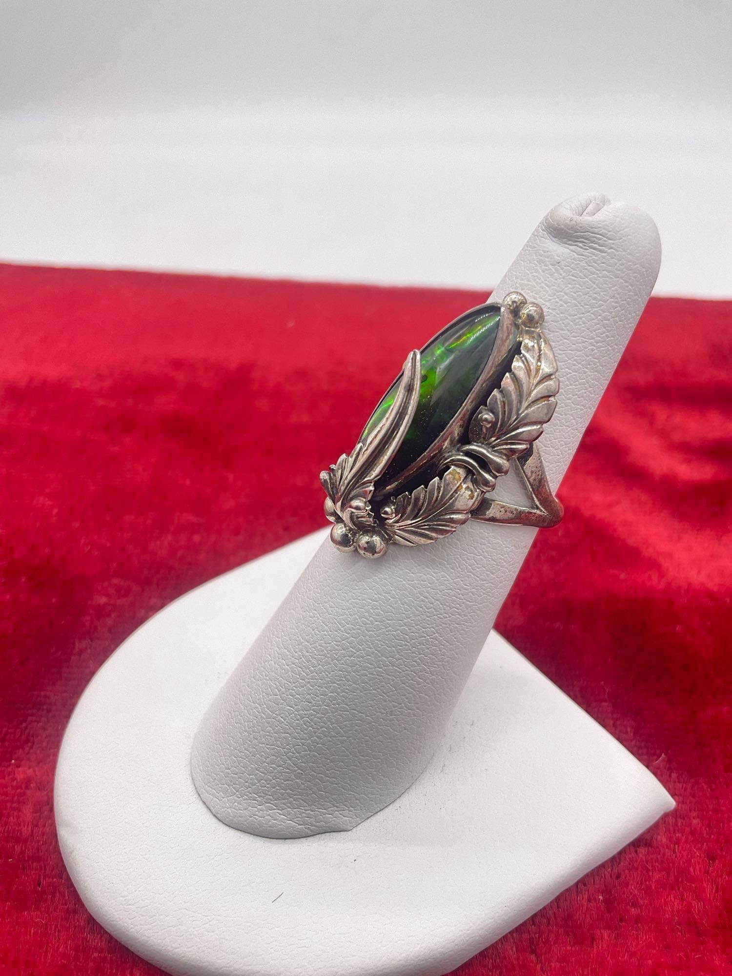 Vintage sterling silver Nakai Native American floral motif ring w/ green shell or stone setting s... - 2