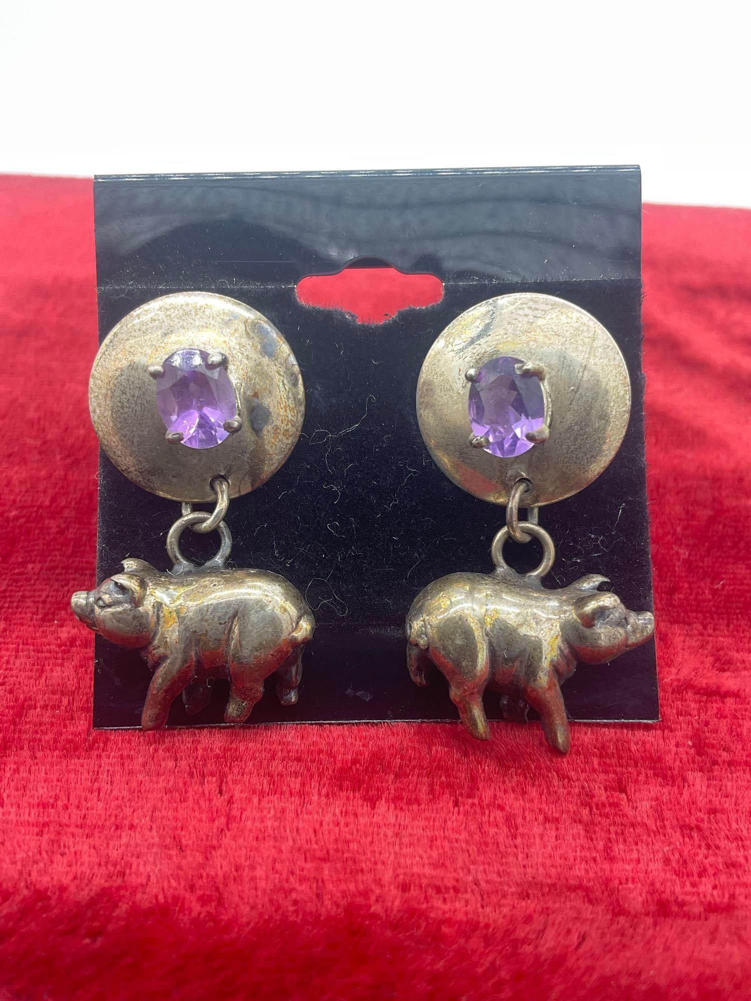 Vintage Carol Felley sterling silver pig drop earrings with purple topaz/gem setting: Vintage Carol Felley sterling silver pig drop earrings with purple topaz/gem setting