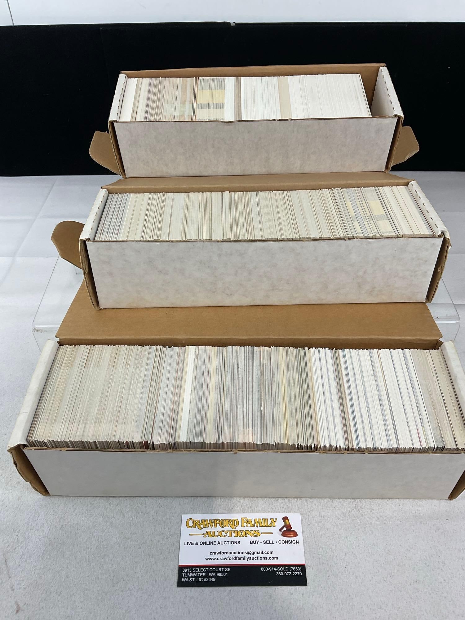 3 Boxes of Sports Cards, 90s Fleer, SkyBox, Upper Deck, NBA Hoops, approx 3000 Cards: Appears to be in good shape. The piece measures approx 9h x 16w x 5d inches. See pics. E-5940