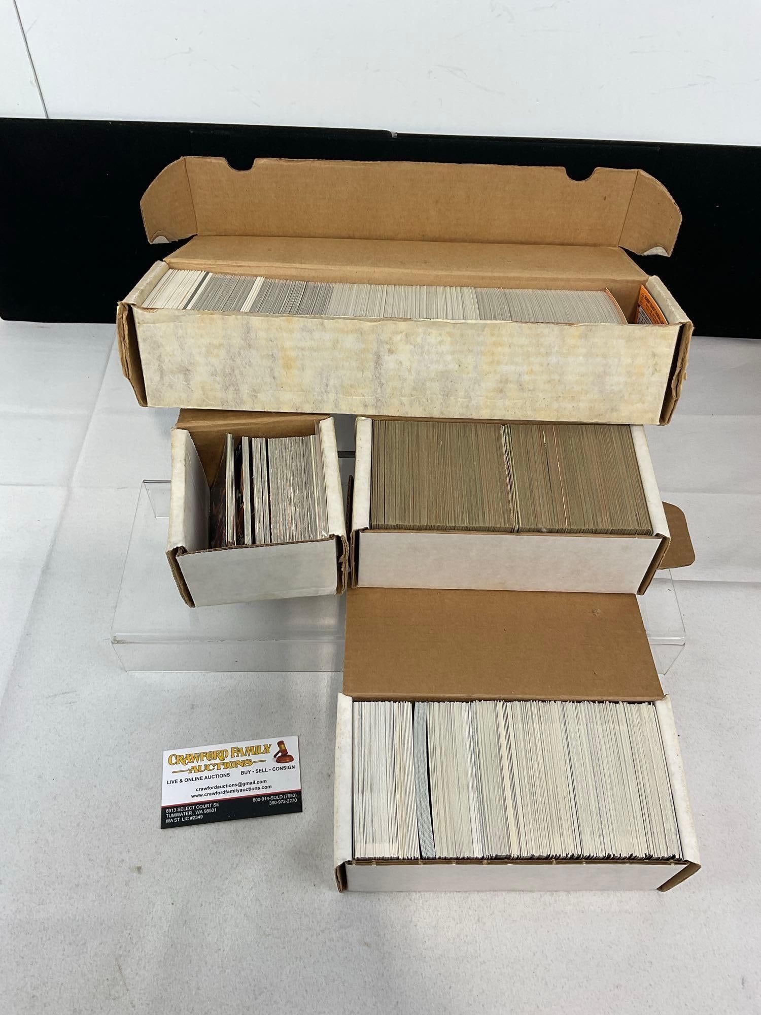 3 Boxes of Sports Cards, Fleer, Donruss 89, Topps, Classic, Premier & more, approx 2250 cards: Appears to be in good shape. The piece measures approx 9h x 16w x 5d inches. See pics. E-5940