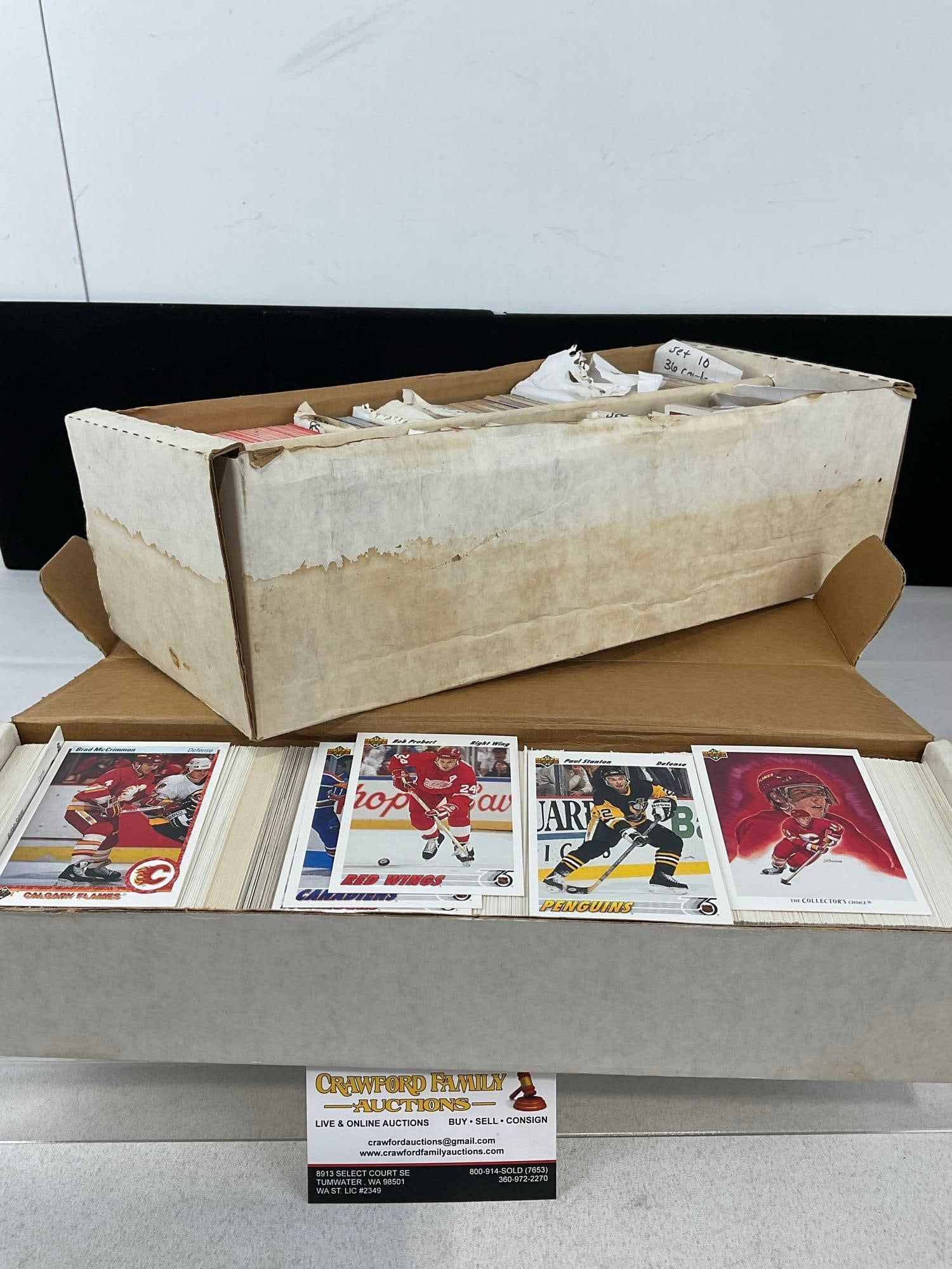2 Boxes of Sports Cards, Upper Deck 1991 Hockey & variety of cards, approx 2500 in total: Appears to be in good shape. The piece measures approx 7h x 16w x 5d inches. See pics. E-5940