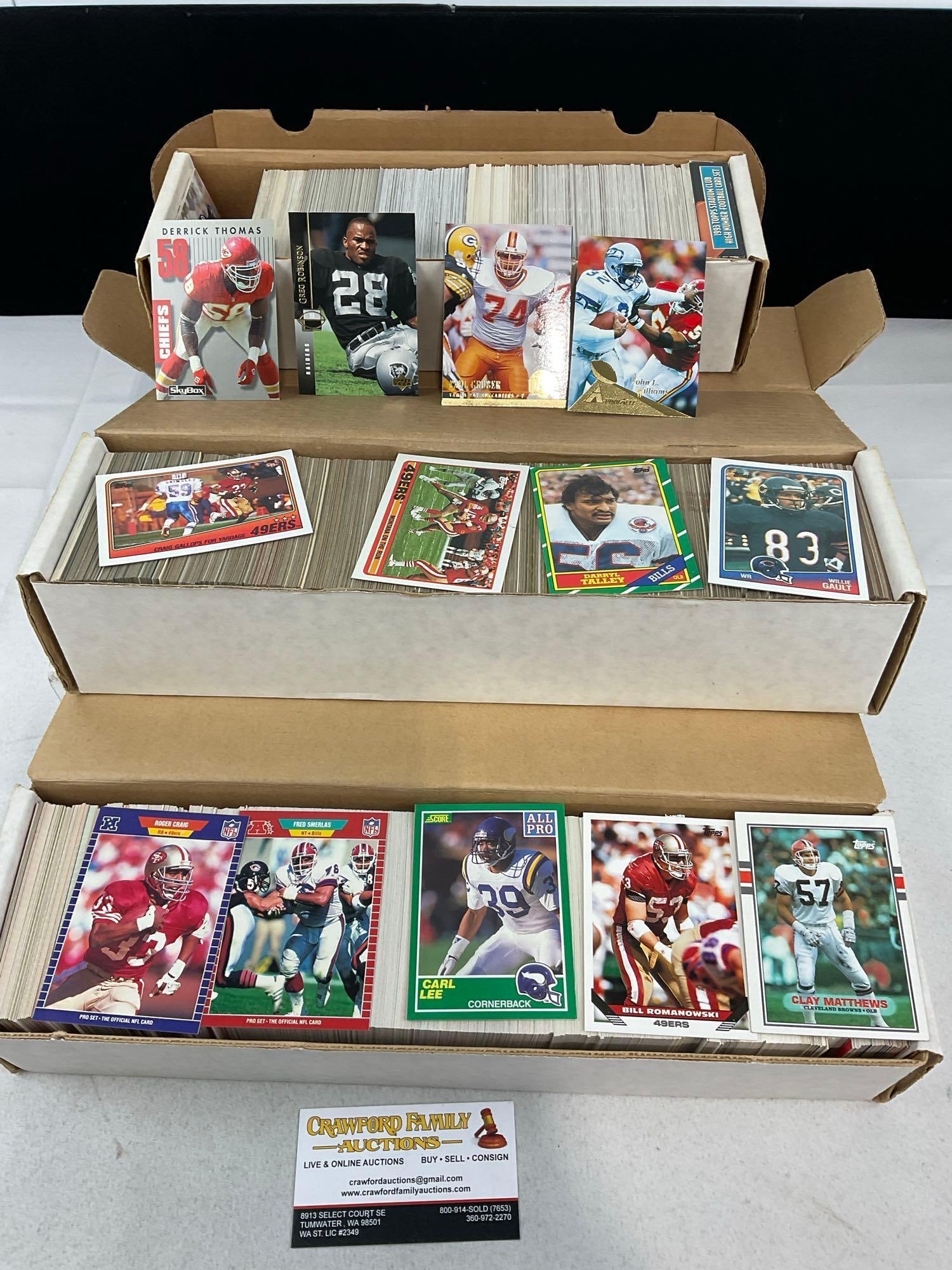 3 Boxes of Sports Cards, Football, Score, Topps, NFL Pro, Pinnacle, Upper Deck, Approx 3000 Cards: Appears to be in good shape. The piece measures approx 10h x 16w x 5d inches. See pics. E-5940