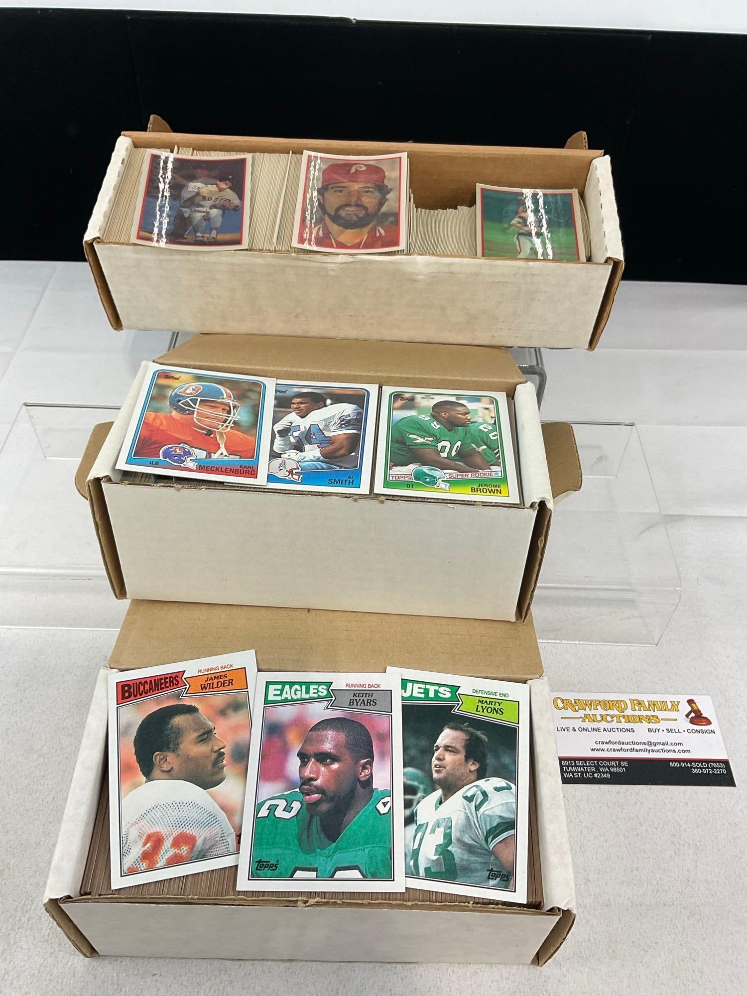3 Boxes of Sports Cards, Largely Topps & box of small cards & Holograms, approx 1500+ cards & pie...:  1987 -1990 Appears to be in good shape. The piece measures approx 7h x 17w x 5d inches. See pics. E-5940