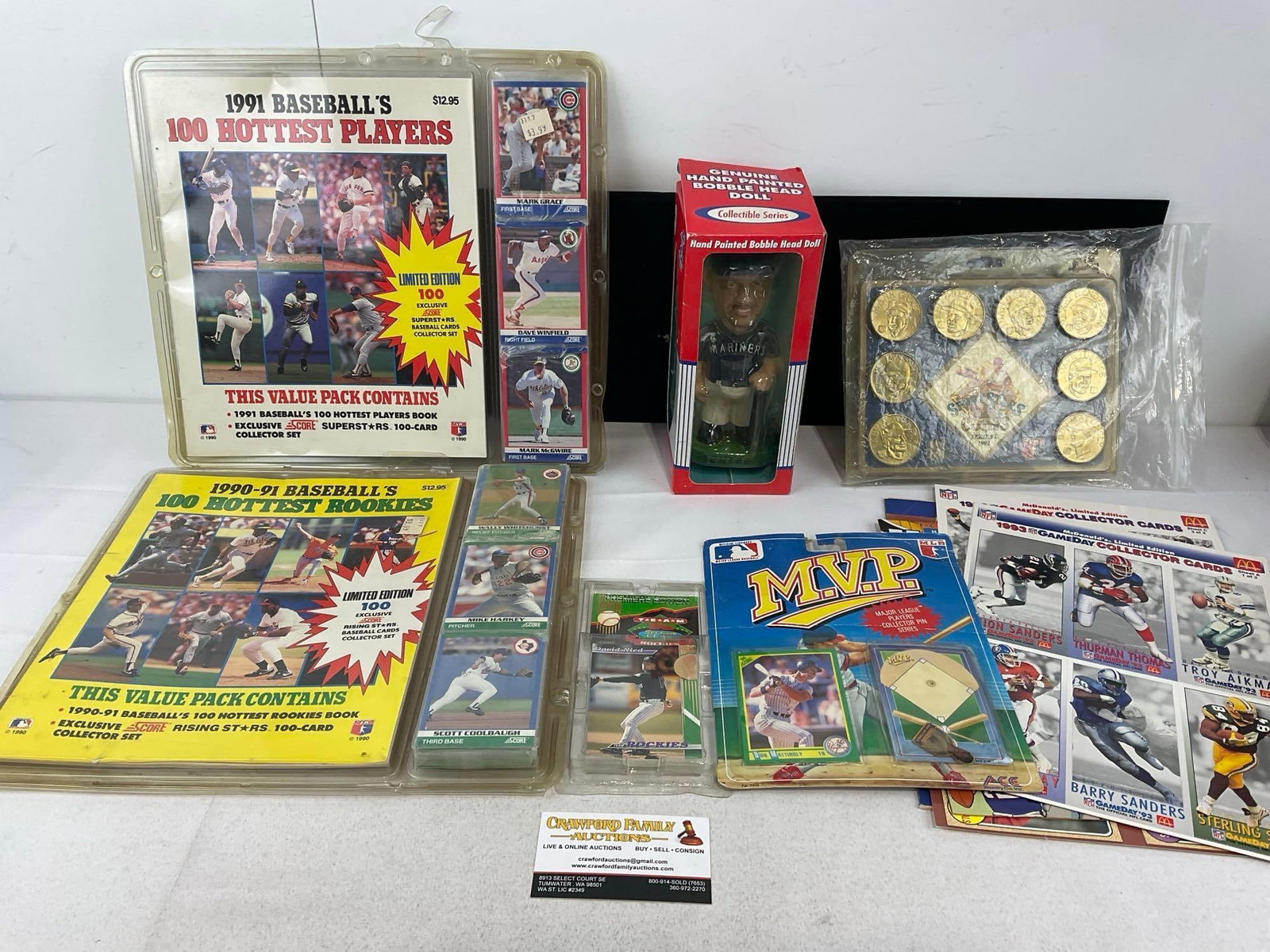 Score 90-91 & 91 100 Hottest Rookies & Players, Coin Set, McDonalds 1993 Gameday Collector Sheets &: MLB 1992 Baseball Sports stars Collector coin series 1, Bo Jackson, Ken Griffey Jr, Don Mattingly, David Justice , Ricky Henderson see pics . Ichiro Bobble Head. Appears to be in good shape