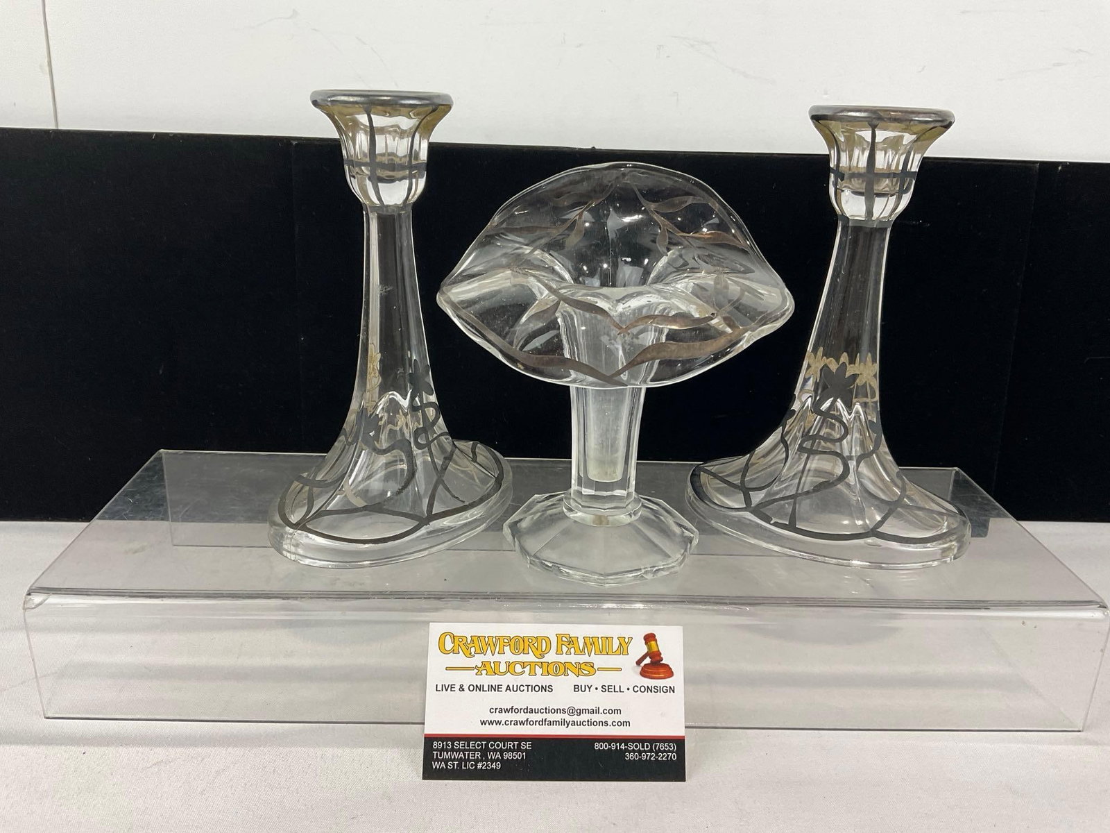 Antique Glass Vase & Pair of Candlesticks w/Matching Silver Overlay Pattern: Appears to be in good shape. The pieces fits in a box that measures approx 7h x 9w x 12d inches. See pics. E-5950