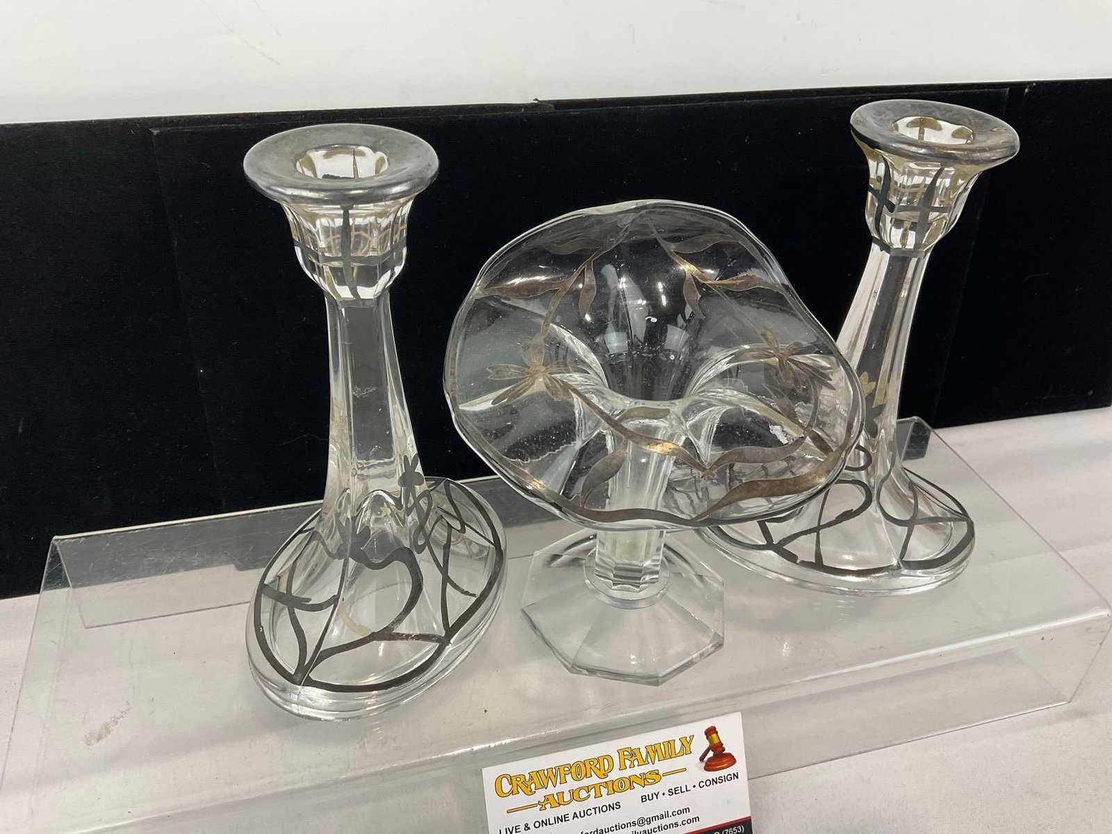 Antique Glass Vase & Pair of Candlesticks w/Matching Silver Overlay Pattern - 2