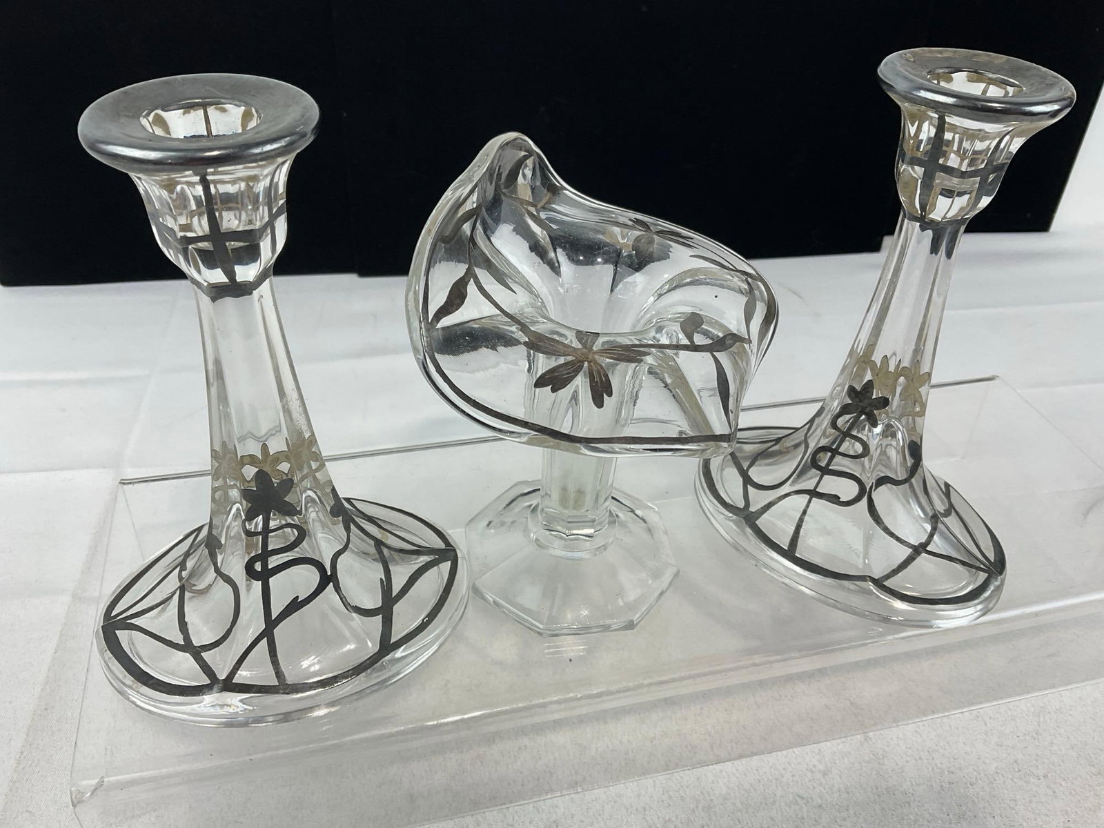 Antique Glass Vase & Pair of Candlesticks w/Matching Silver Overlay Pattern - 3
