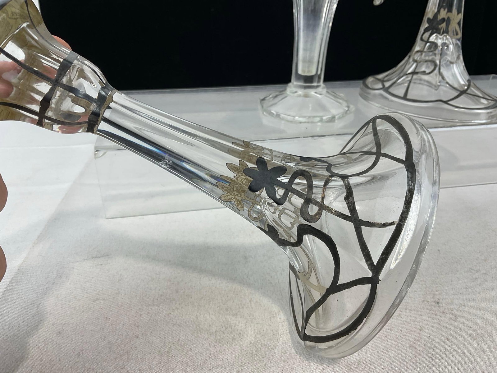 Antique Glass Vase & Pair of Candlesticks w/Matching Silver Overlay Pattern - 4
