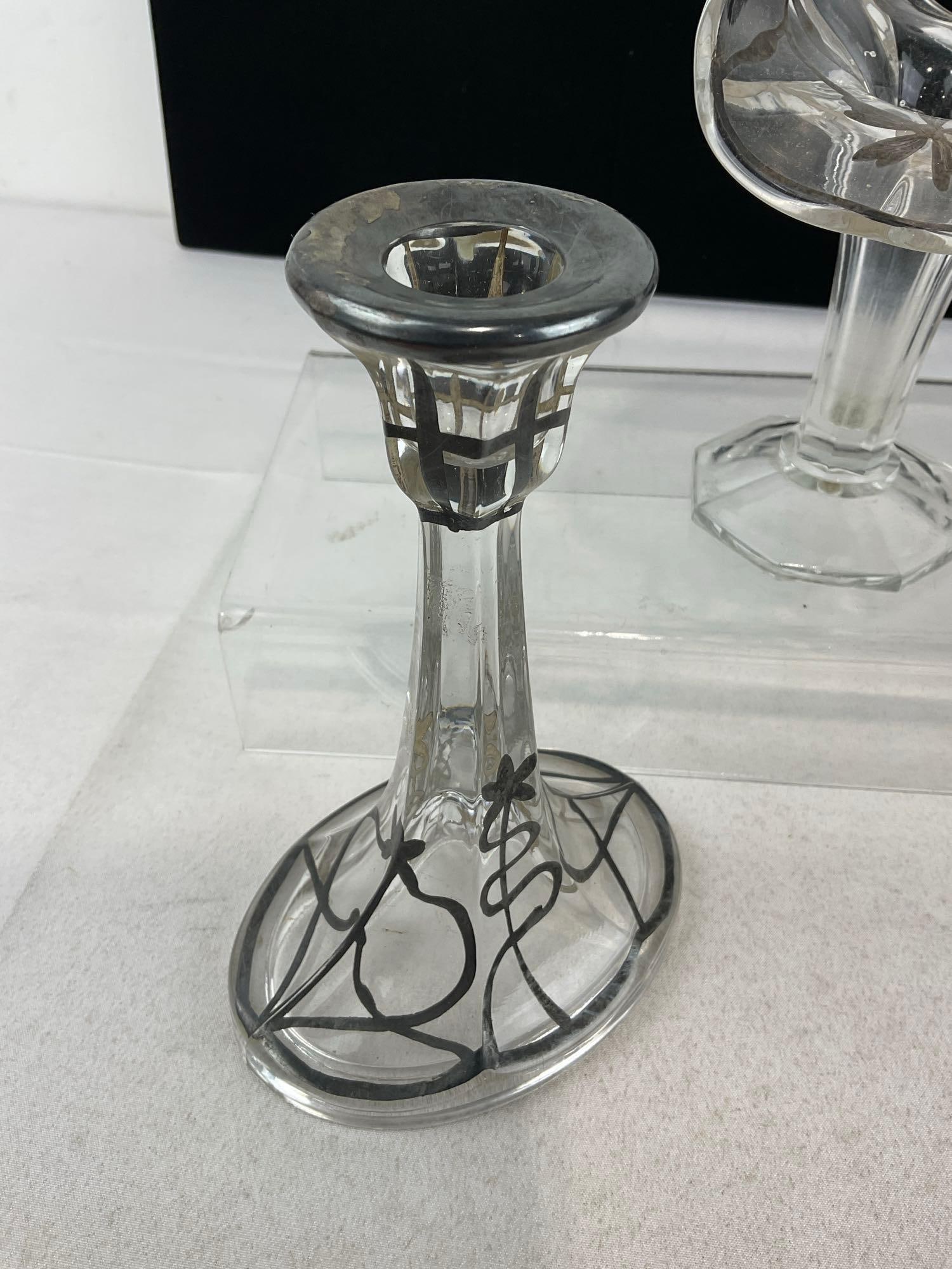 Antique Glass Vase & Pair of Candlesticks w/Matching Silver Overlay Pattern - 5