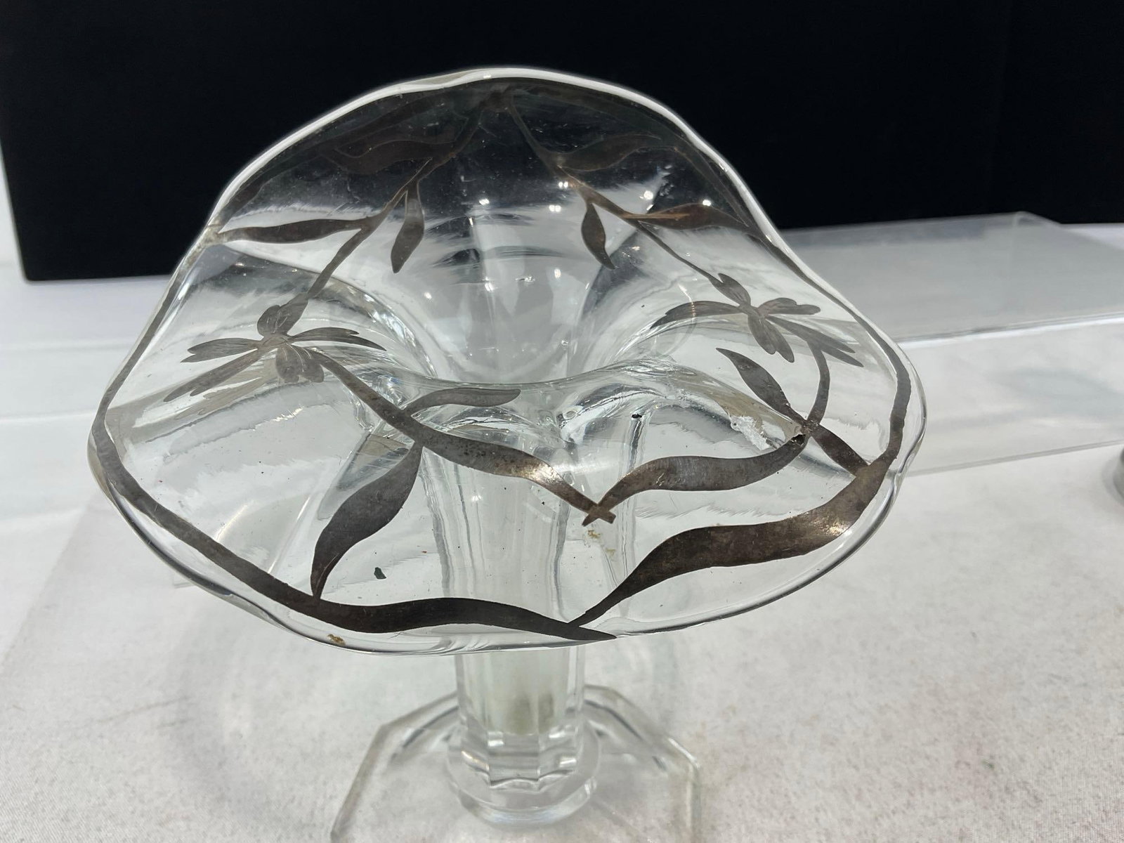 Antique Glass Vase & Pair of Candlesticks w/Matching Silver Overlay Pattern - 7