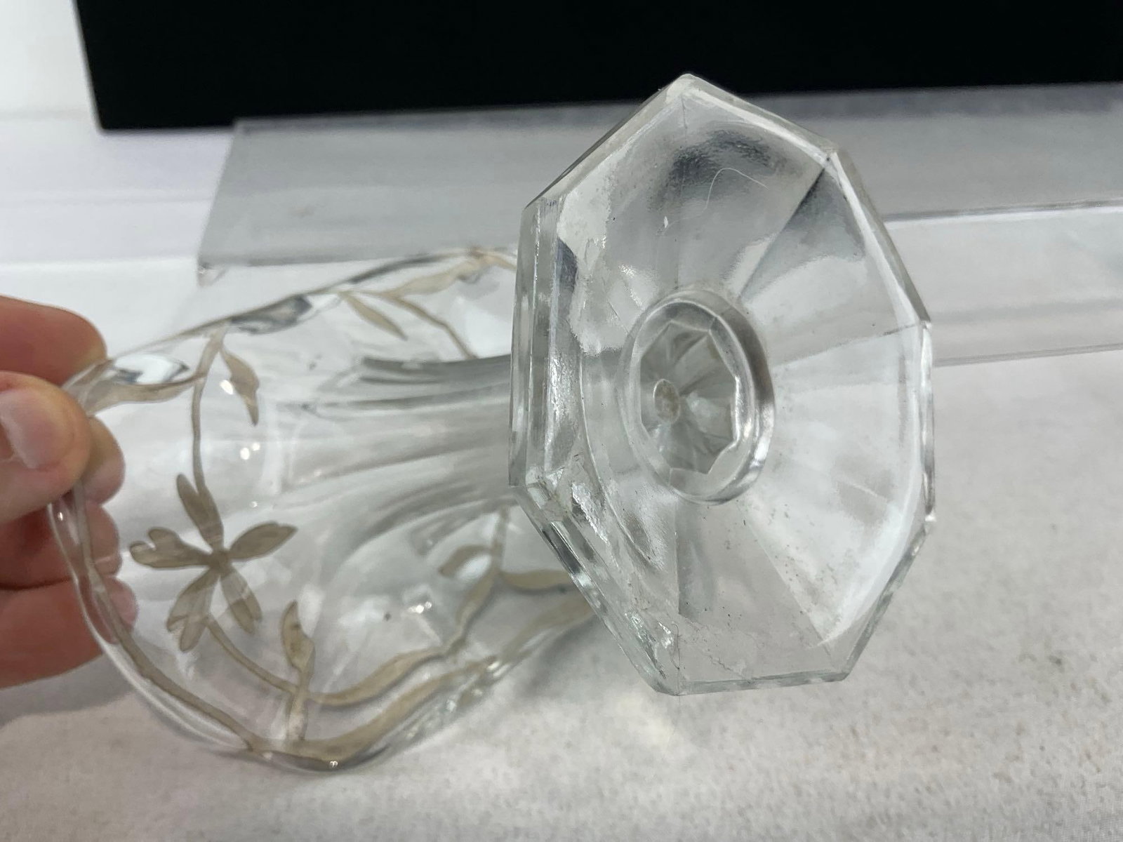 Antique Glass Vase & Pair of Candlesticks w/Matching Silver Overlay Pattern - 8