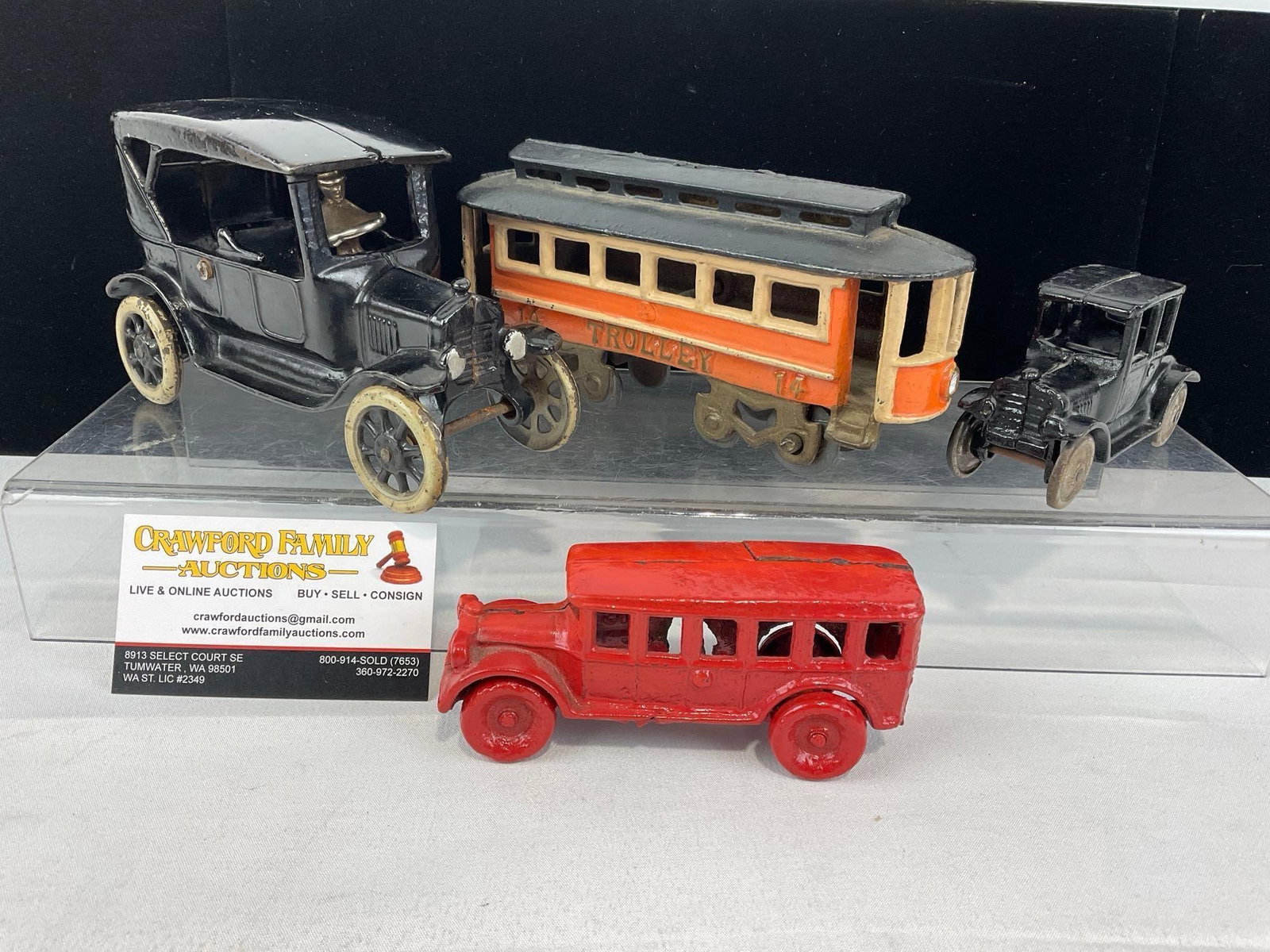 3Cast Iron Toys, Arcade Ford Model T, Bus w/breaks, & Smaller Hubley? Model T, & Tin Trolley Figure (1 of 5)