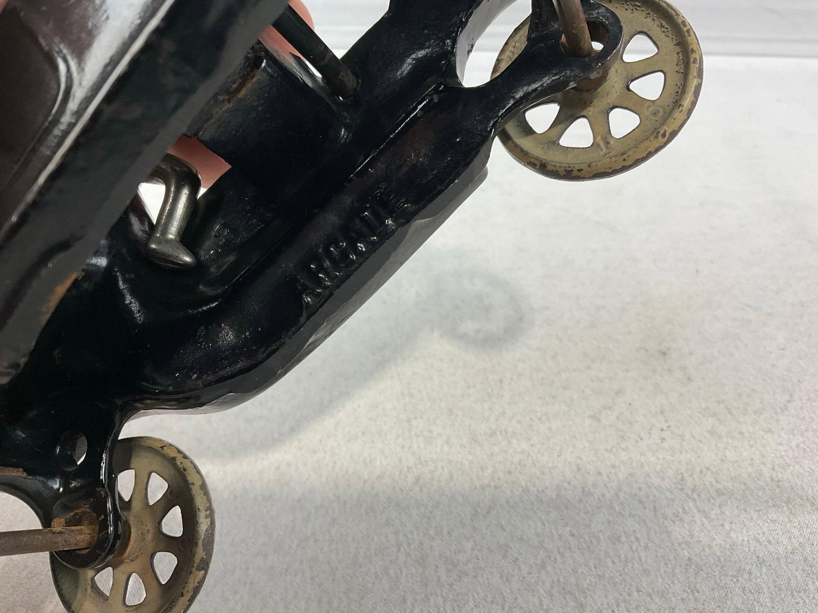 3Cast Iron Toys, Arcade Ford Model T, Bus w/breaks, & Smaller Hubley? Model T, & Tin Trolley Figure - 5