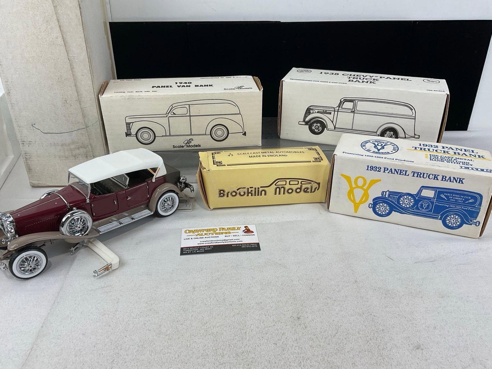 Set of 5 Diecast Coin Banks/Models, Duesenberg, Panel Van, 2x Panel Trucks & small car, 1:43 Scale (1 of 9)