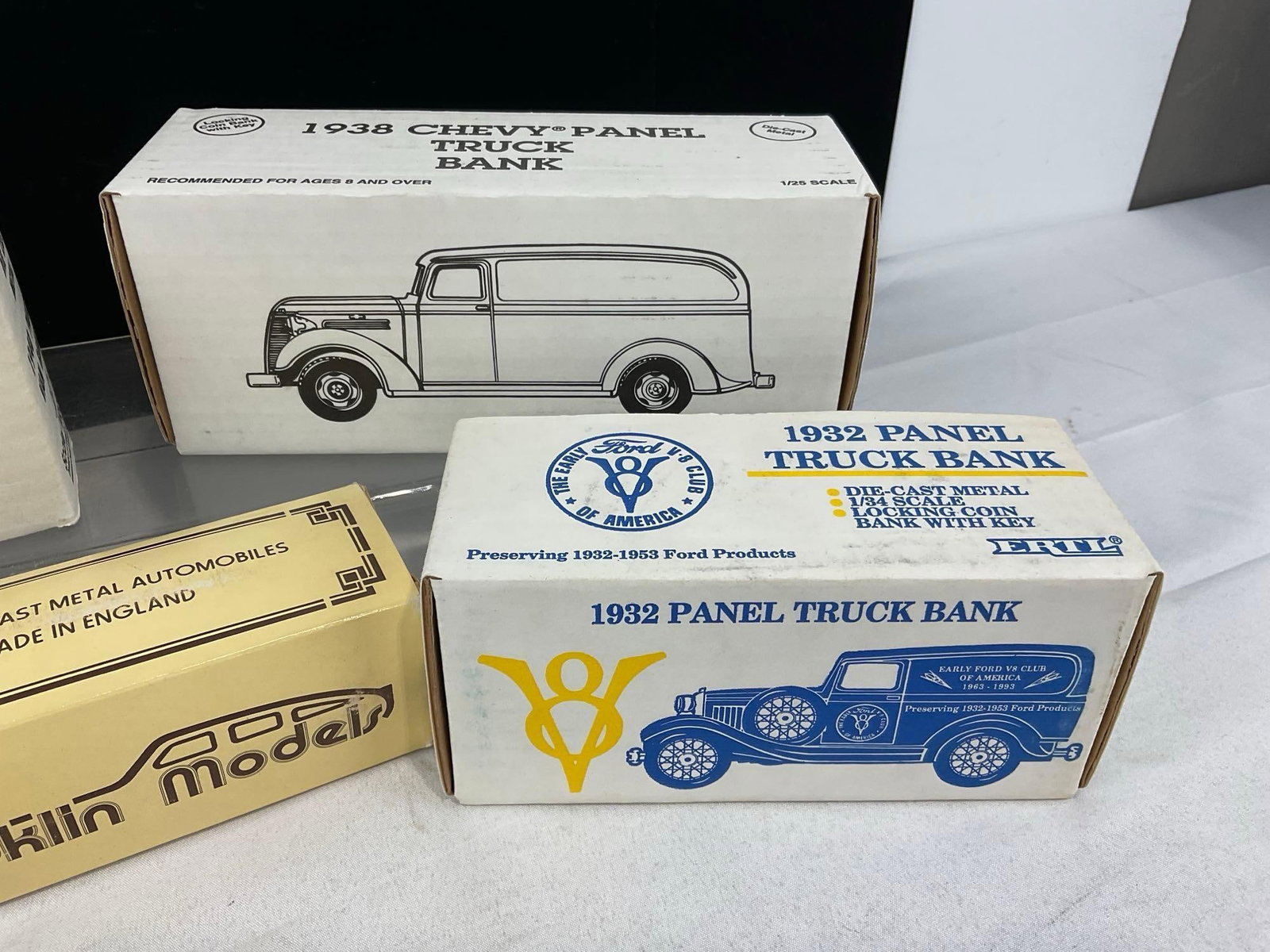 Set of 5 Diecast Coin Banks/Models, Duesenberg, Panel Van, 2x Panel Trucks & small car, 1:43 Scale - 4