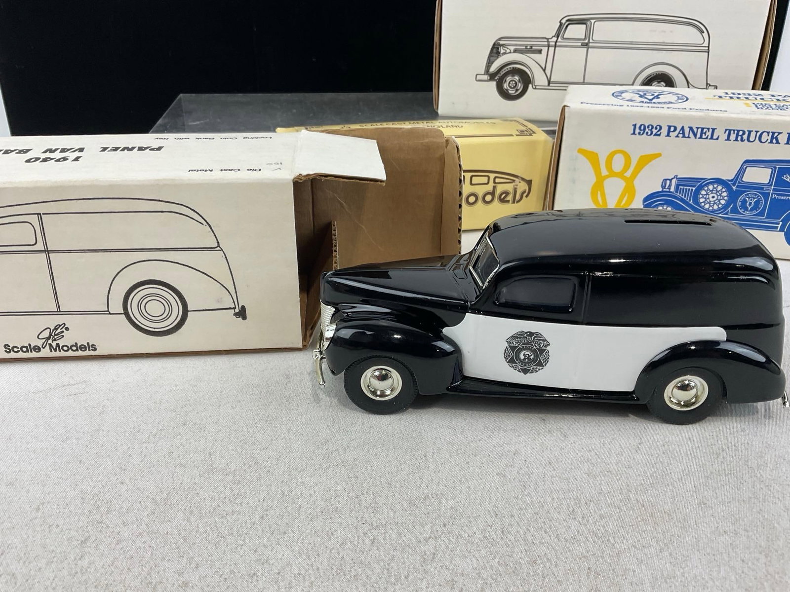Set of 5 Diecast Coin Banks/Models, Duesenberg, Panel Van, 2x Panel Trucks & small car, 1:43 Scale - 7