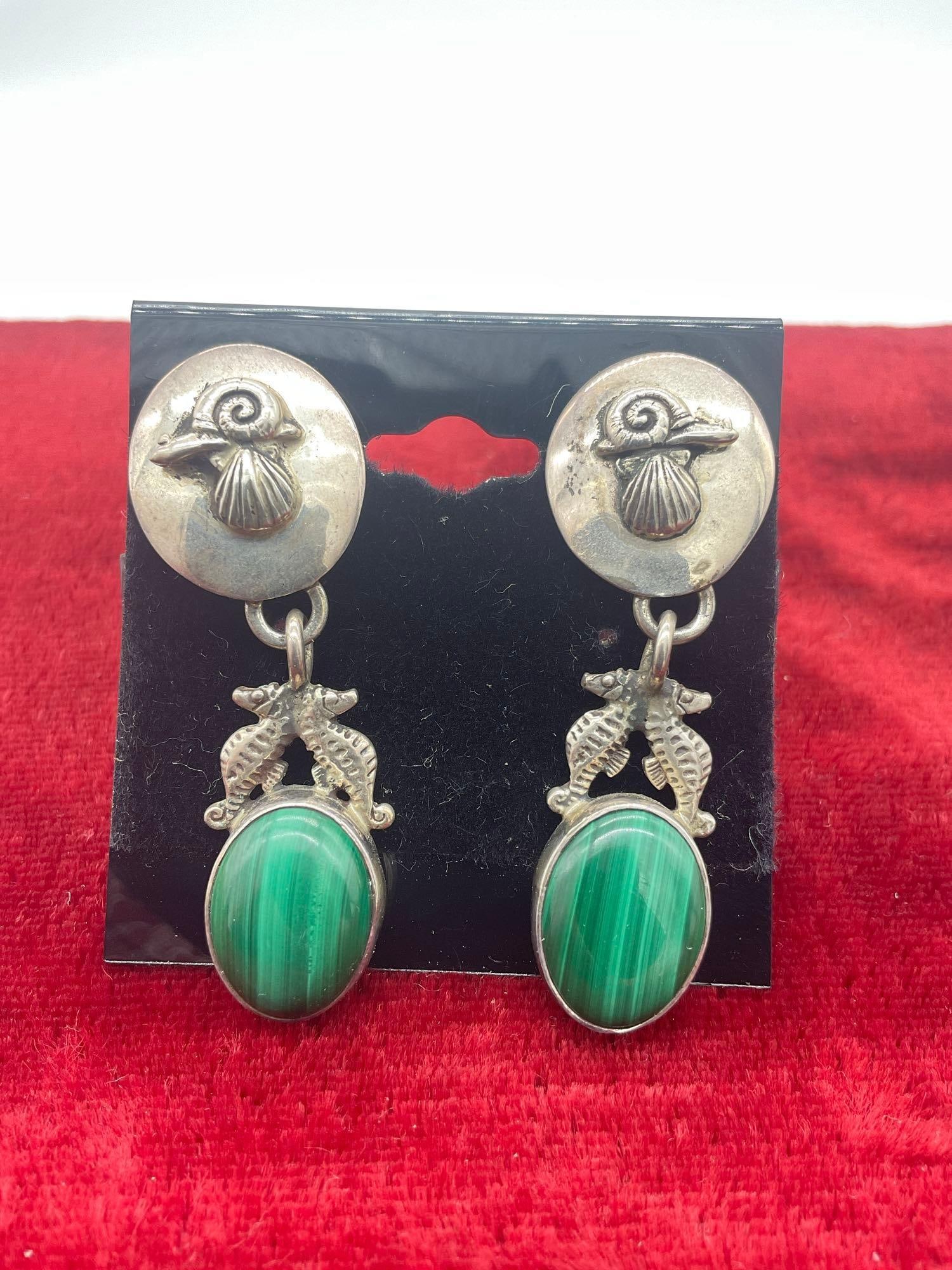 Vintage Native American inspired Carol Felley & "JC" marked seahorse aquatic life earrings w/ (1 of 3)