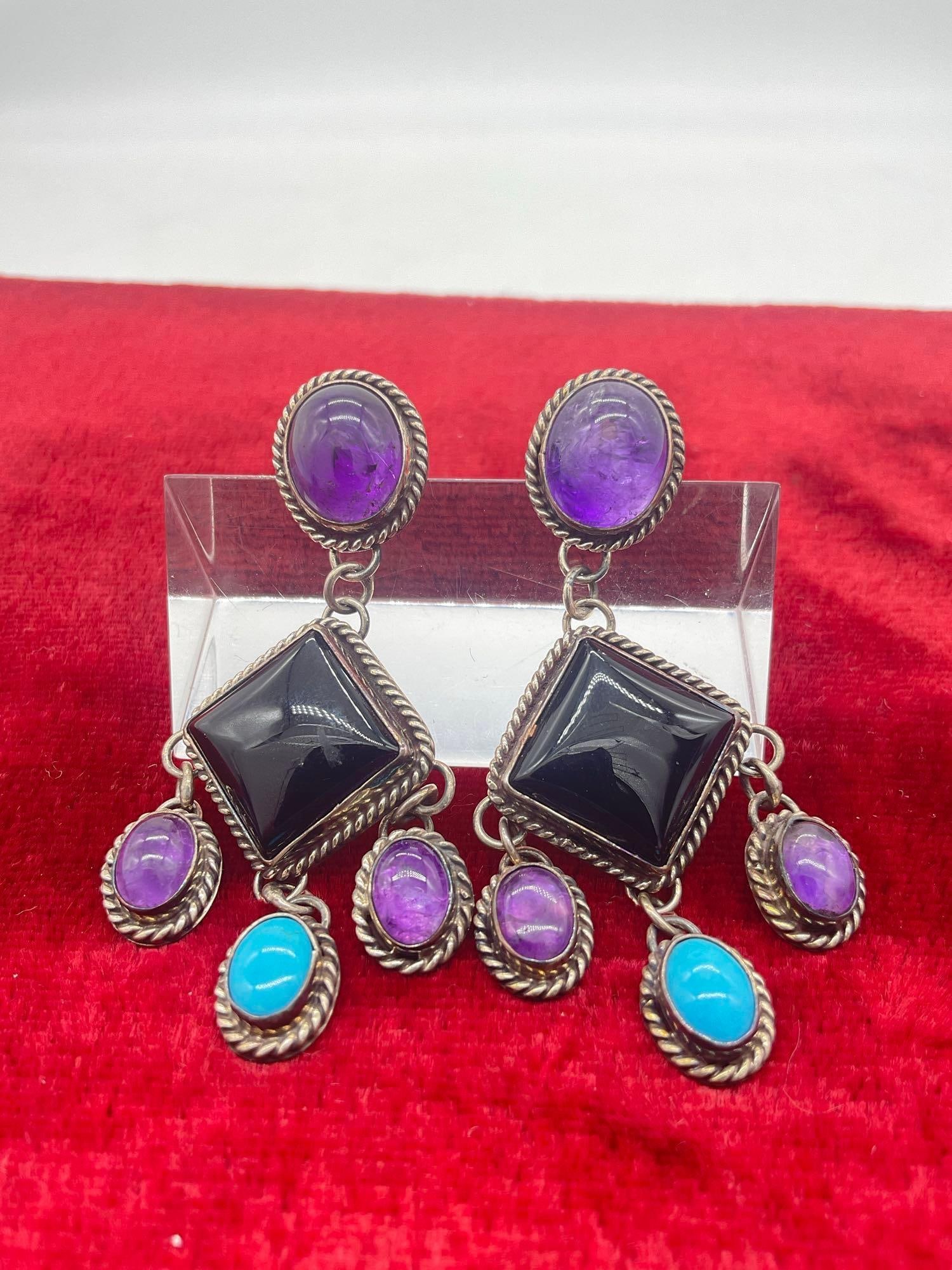 Pair of Nakai Native American sterling silver onyx, turquoise and purple stone earrings (1 of 3)