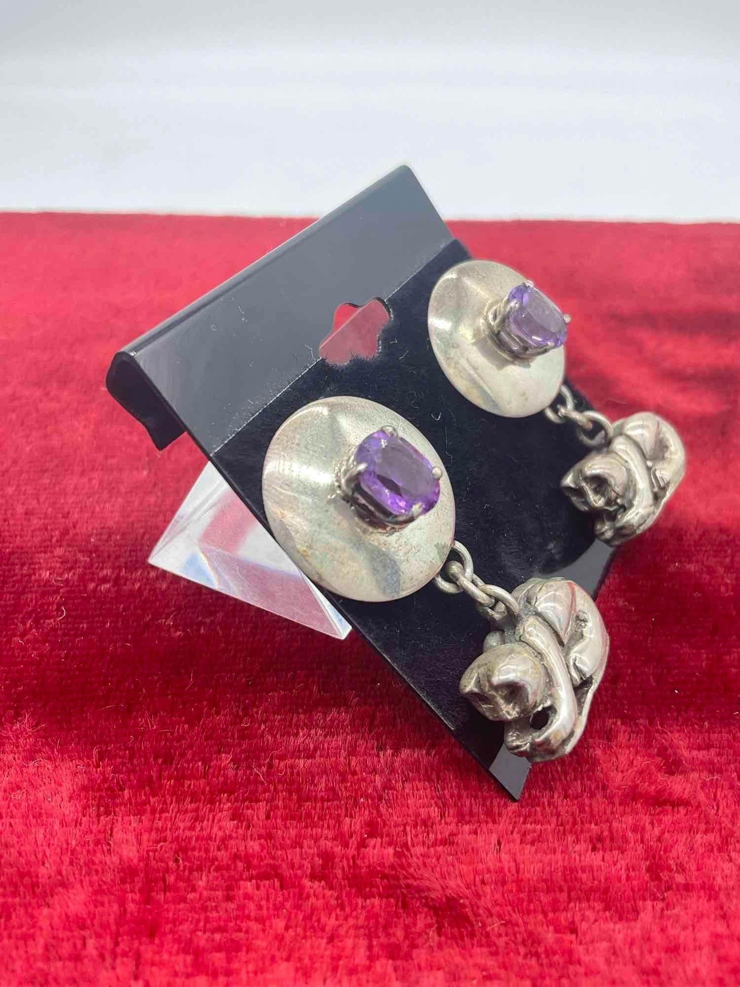 Vintage Carol Felley sterling silver kitty earrings with purple stone setting - 2