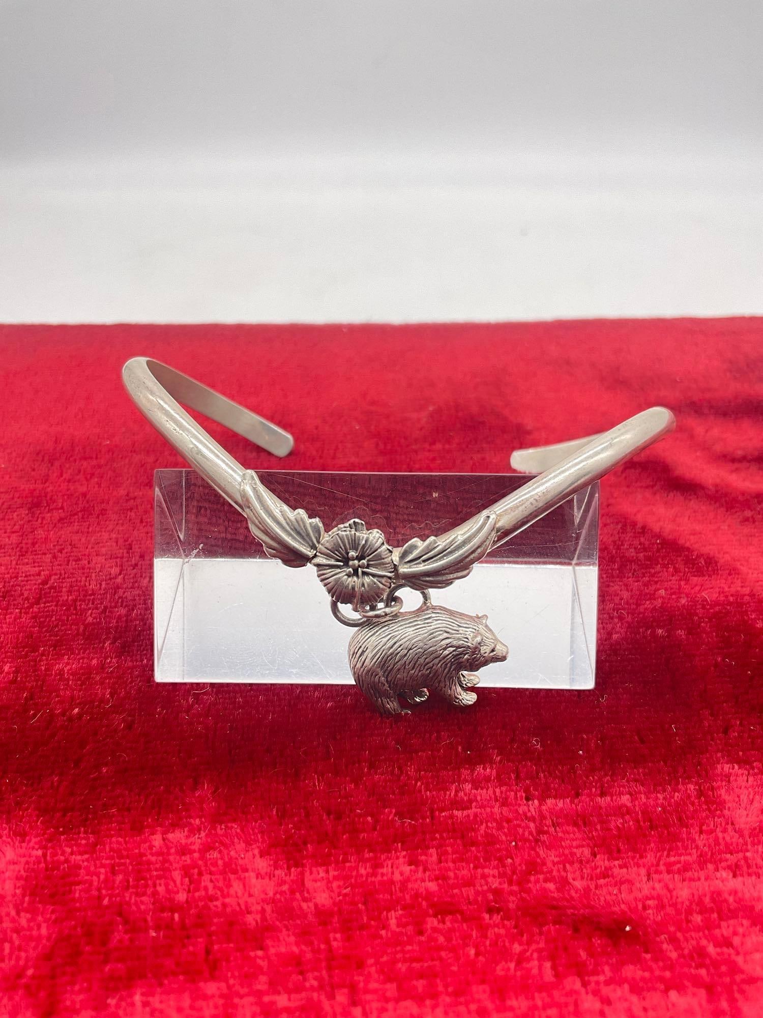 Vintage Carol Felley sterling silver bear and floral motif bangle bracelet (1 of 2)