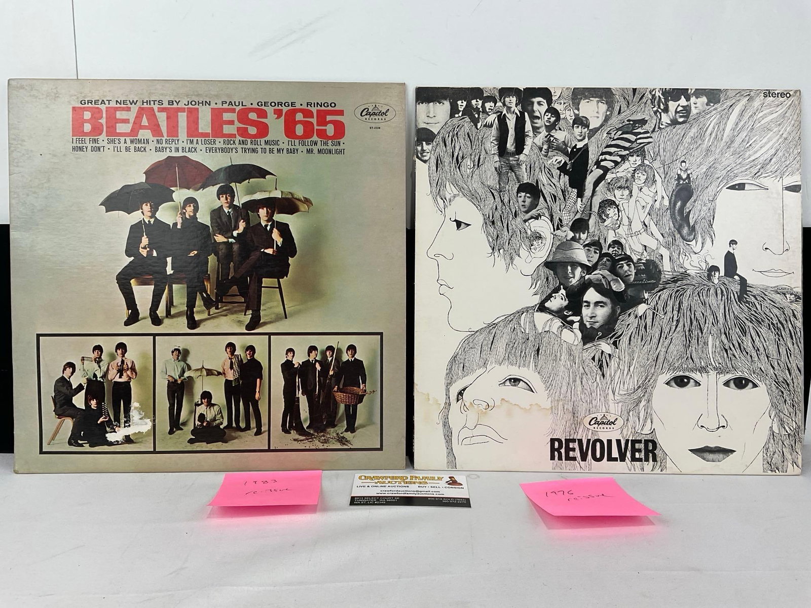 Pair of Beatles Vinyl Records, Beatles 65 & Revolver, appears to be vintage reissues: The pair appear to be reissues, 1983 & 1976, we are not experts on records. Appears to be in good shape. The piece measures approx 2h x 14w x 14d inches. See pics. E-5950