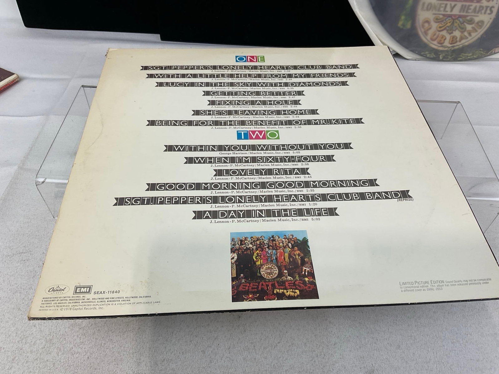 Trio of Beatles Vinyl Records, All Sgt. Peppers Lonely Hearts Club Band, 1 Pic Disc Full art record - 6