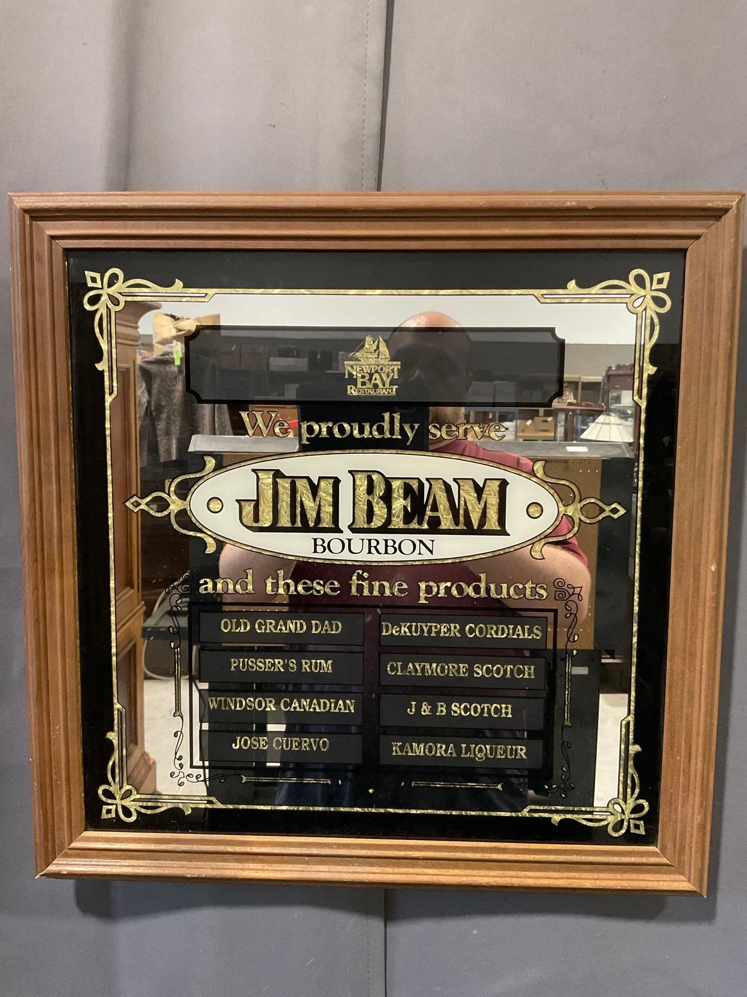 Rare Framed Vintage Jim Beam Bar Mirror, 22h x 22w x 3d inches, w/gold tone underlay: From Newport Bay Restaurant, also says Old Grand Dad, DeKuyper Cordials, Pussers Rum, Claymore Scotch, Windsor Canadian, J & B Scotch, Jose Cuervo, Kamora Liqueur. Appears to be in good shape.
