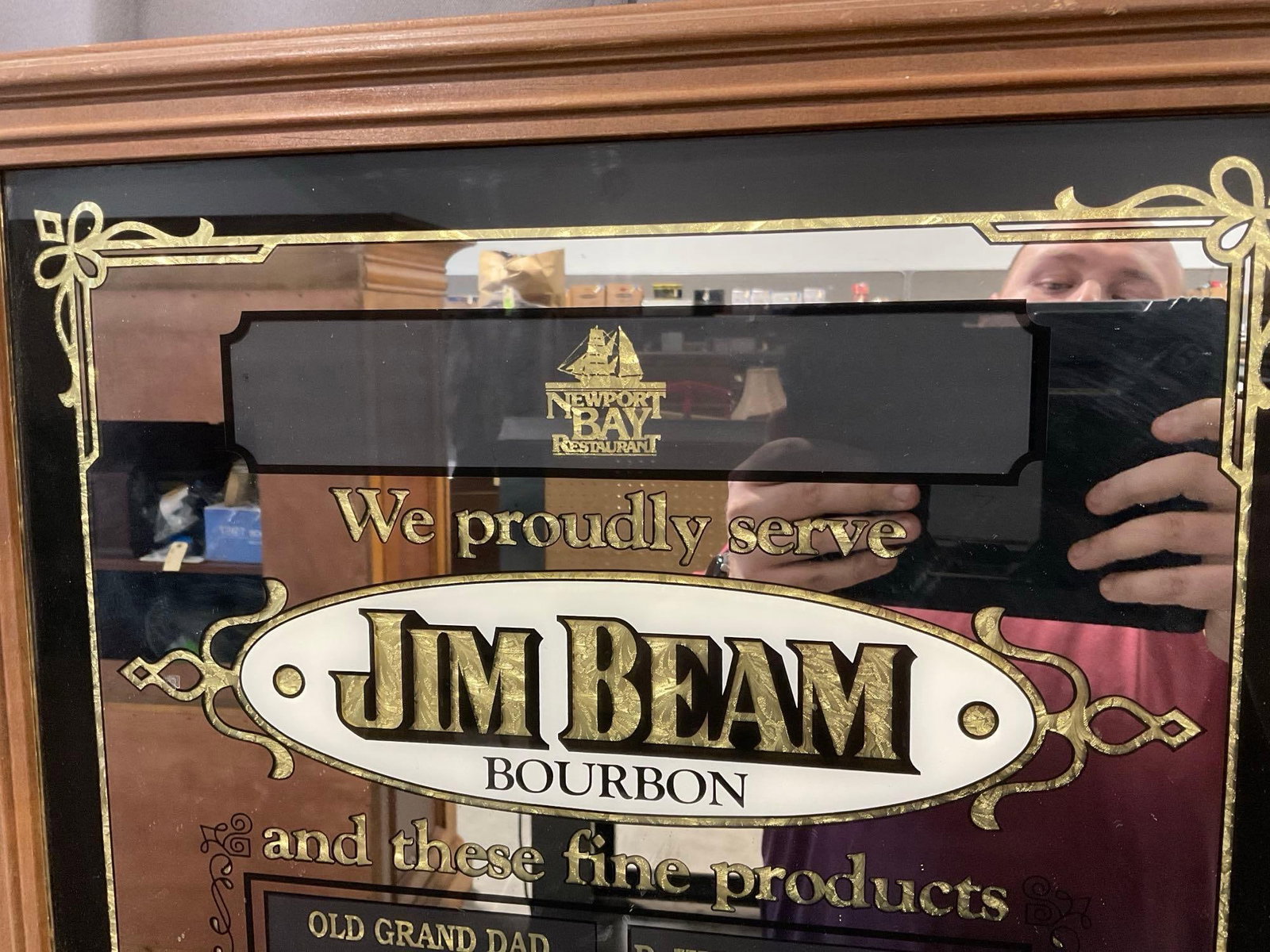 Rare Framed Vintage Jim Beam Bar Mirror, 22h x 22w x 3d inches, w/gold tone underlay - 2