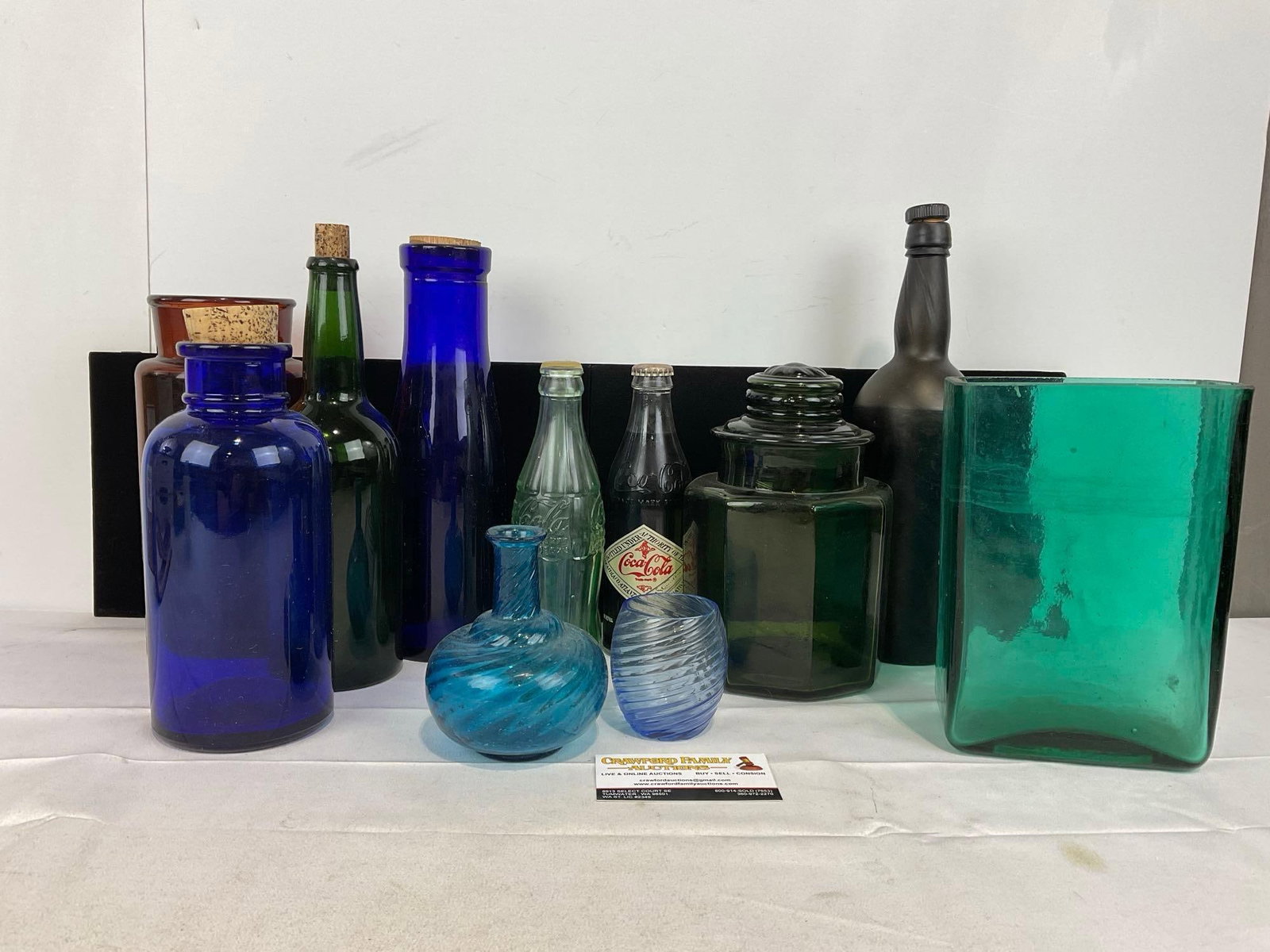 Asst Colored Glass, Cobalt Glass Bottles, Dark Green Glass, Amber, Aqua Vase, 2 Swirled Vases (1 of 9)