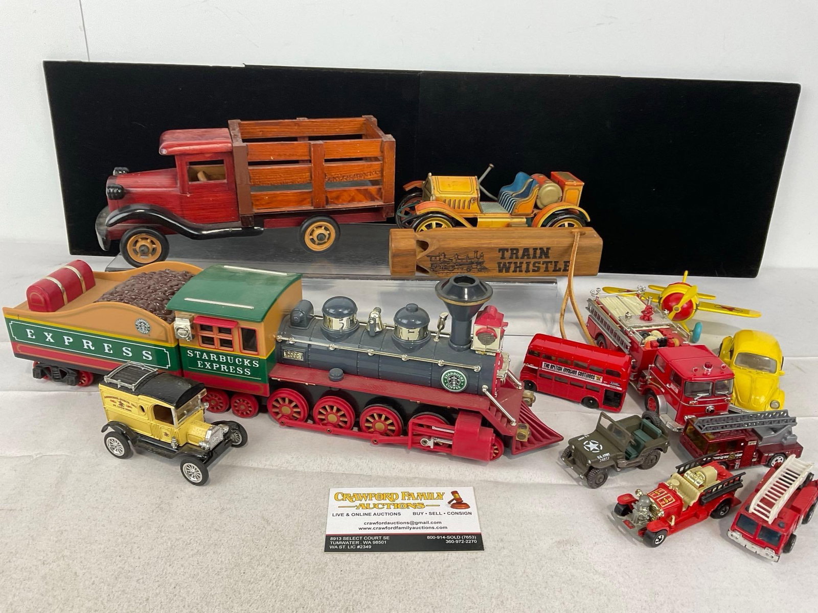 Model Train, Diecast Cars, Tin Pressed Car Toy, Starbucks Express, Matchbox, Hot Wheels, & more: Appears to be in good shape. The piece measures approx 5h x 18w x 14d inches. See pics. E-5360