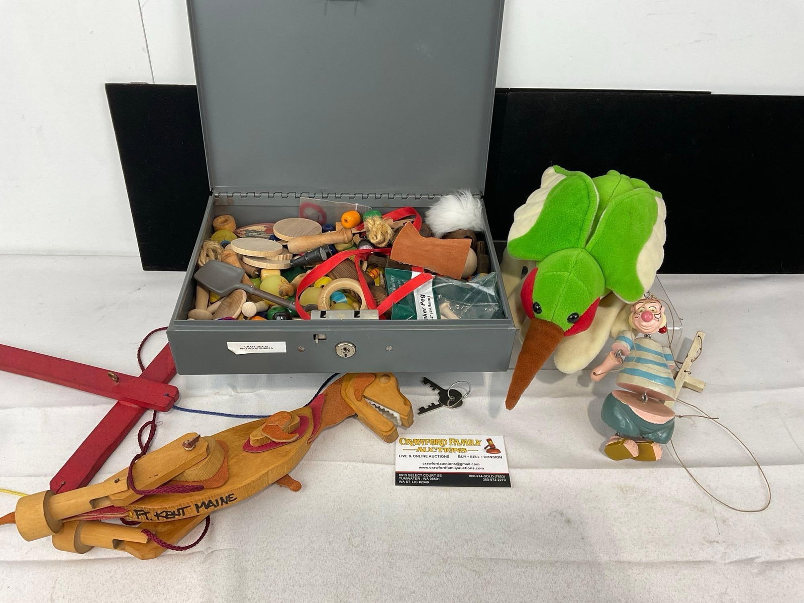 Set of Puppets, Wooden T-Rex, Bird Glove, & Mr. Smee from Peter Pan, cash box full of Wooden Beads (1 of 4)