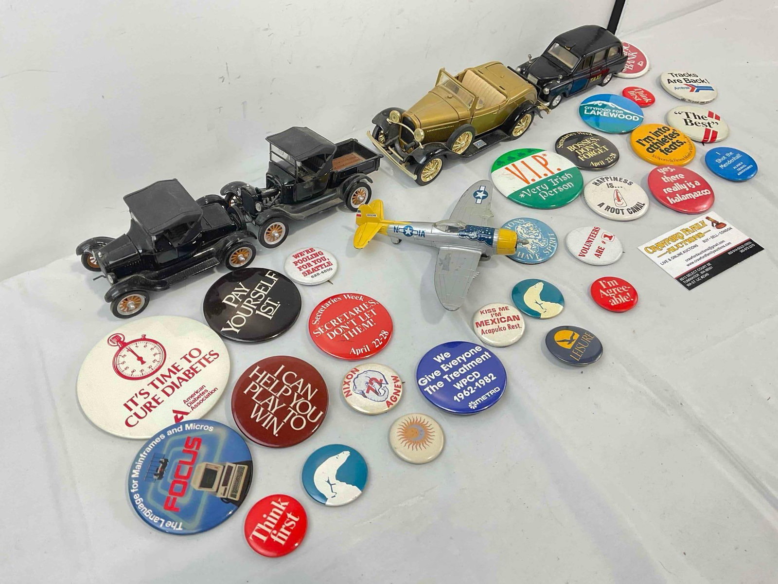 33 pcs Vintage Collectibles Assortment, incl. Button Pins, Model Cars & Plane. Very Good Cond. - 2